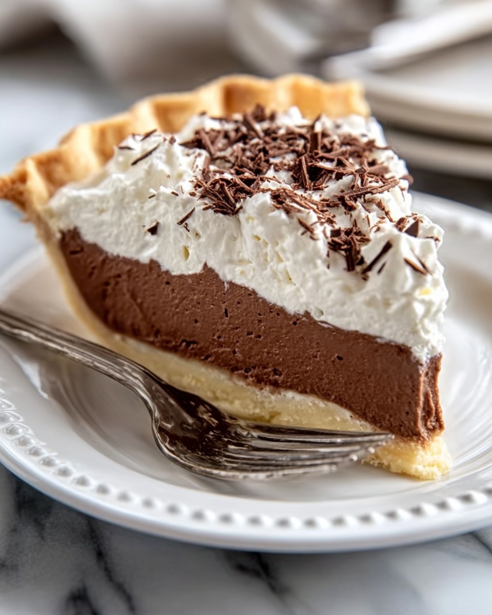 A slice of chocolate cream pie on a white plate with a detailed edge. The pie has three layers: a light golden crust at the bottom, a thick smooth chocolate filling in the middle, and a fluffy white whipped cream topping with dark chocolate shavings scattered on top. A silver fork is placed to the right side of the plate, which is on a white marbled surface. photo taken with an iphone --ar 4:5 --v 7