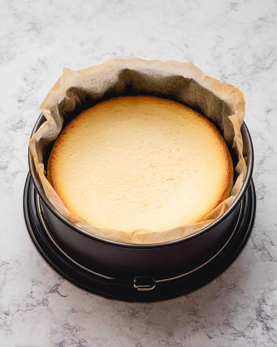 A single-layer cheesecake with a smooth, pale yellow surface and a light golden brown edge sits inside a round cake pan lined with slightly wrinkled parchment paper. The cake pan is black metal with a latch on the side, resting on its black detachable base. The background is a white marbled texture that gives a clean look. Photo taken with an iphone --ar 4:5 --v 7