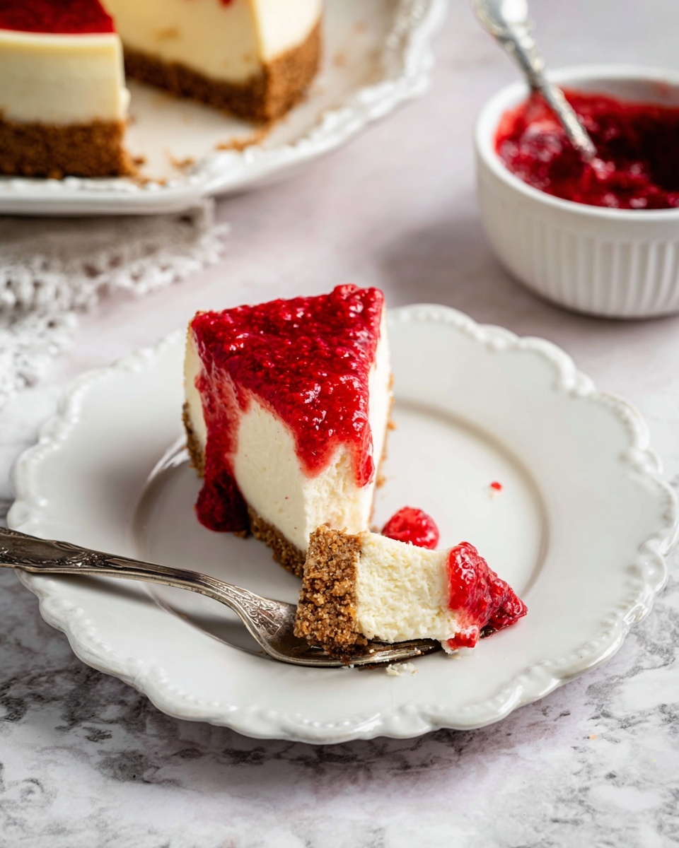 The image shows a slice of cheesecake on a white plate with scalloped edges. The cheesecake has two visible layers: a thick, crumbly brown crust at the bottom and a smooth, creamy white layer on top. Bright red raspberry sauce is drizzled over the top part of the cheesecake, adding a textured and fresh look. A silver fork is placed on the plate, with a piece of the cheesecake held on its tines, showing the soft inside. In the background, two more slices of cheesecake rest on a white marbled surface next to a white bowl filled with extra bright red raspberry sauce and a spoon inside. Photo taken with an iphone --ar 4:5 --v 7
