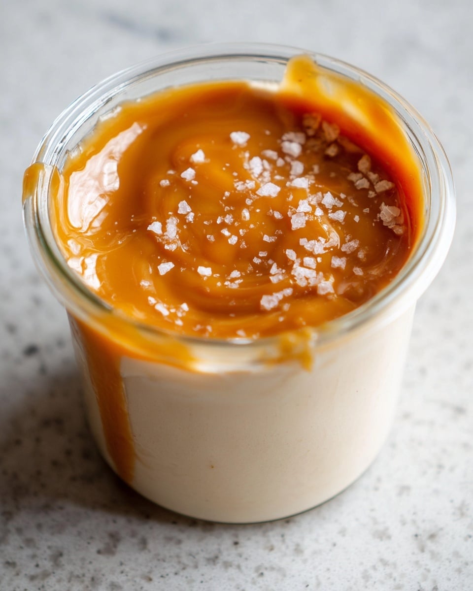 The image shows a clear glass cup filled with a creamy light beige dessert. On top, there is a thick layer of golden caramel sauce that is shiny and smooth, spreading slightly on one side. Sprinkled over the caramel are coarse white sea salt flakes that add texture and contrast. The glass cup is placed on a white marbled surface, and the photo is taken very close to show the details of the dessert inside. photo taken with an iphone --ar 4:5 --v 7