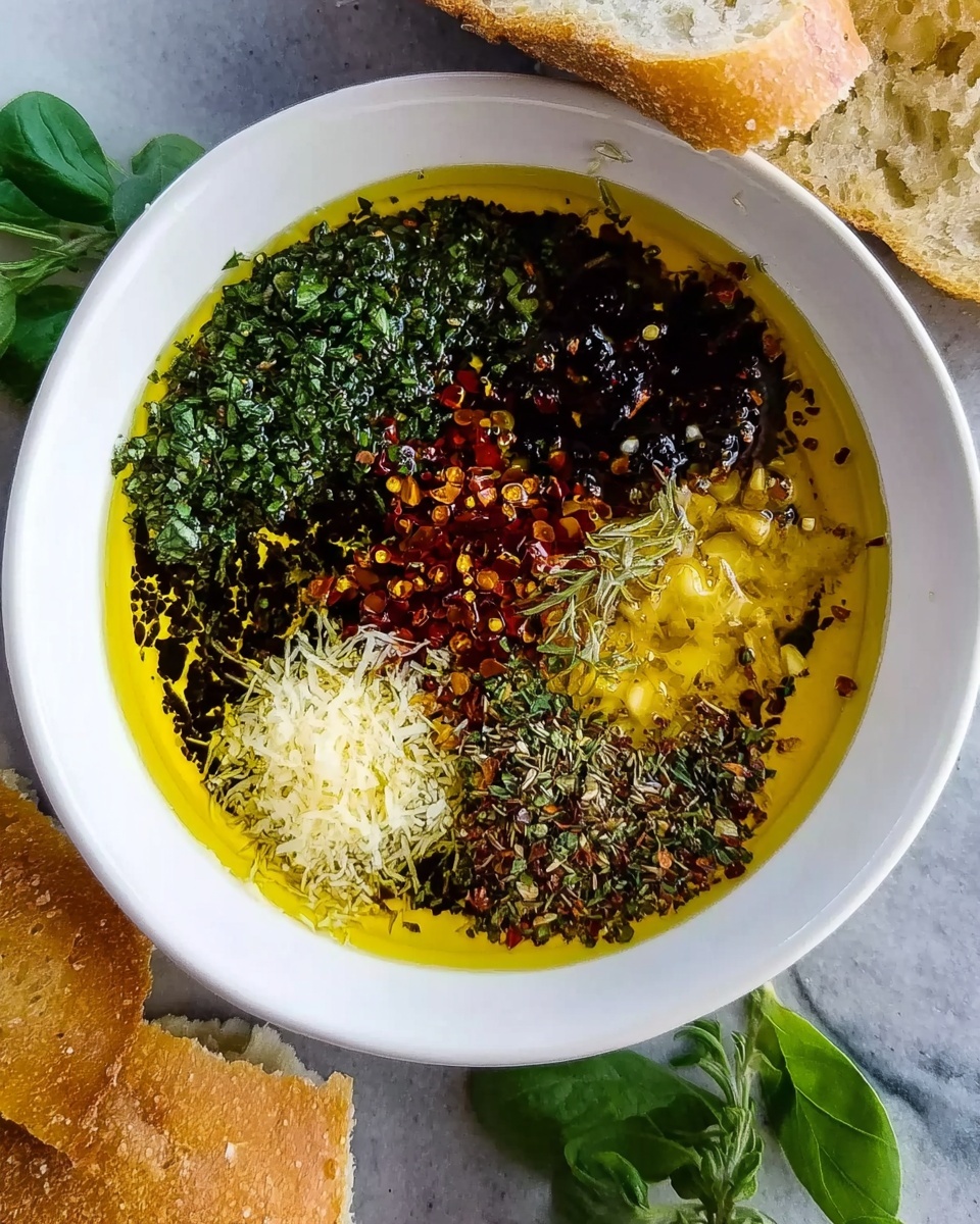 A white bowl filled with golden olive oil, topped with several layers of herbs and spices arranged neatly in small piles across the surface. These include finely chopped green herbs, dried red chili flakes, shredded cheese, dark balsamic vinegar, light-colored chopped garlic, and mixed dried herbs. A piece of crusty bread with a rough texture rests on the edge of the bowl. The bowl sits on a white marbled surface, with some green leaves and bread pieces nearby. Photo taken with an iphone --ar 4:5 --v 7