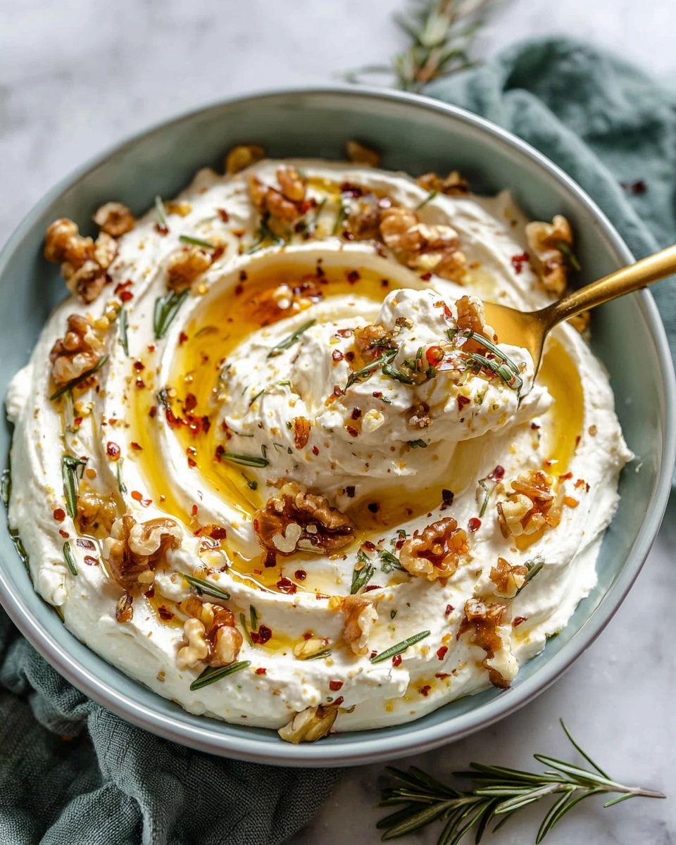 A white bowl holds a smooth creamy white spread shaped into soft swirling waves. The top is sprinkled with many small pieces of chopped walnuts and bright green rosemary leaves evenly spread. A golden-yellow glossy oil pools in the crevices of the swirls, mixed with tiny scattered red chili flakes for a splash of color. The bowl sits on a white marbled surface, and in the background, a gold spoon and a green cloth are softly blurred. photo taken with an iphone --ar 4:5 --v 7