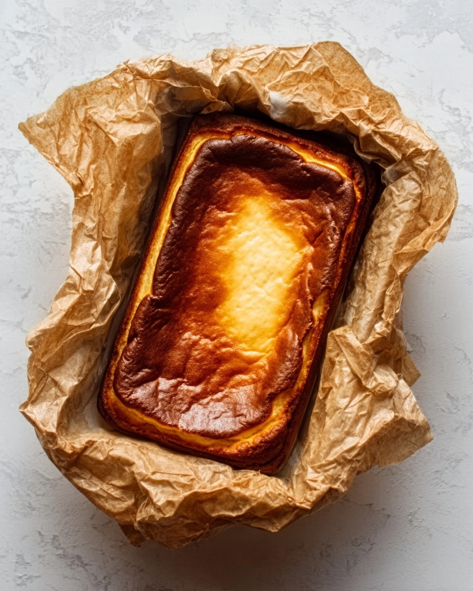 A rectangular baked cheesecake with a dark golden brown top that looks slightly cracked and caramelized, sitting inside crumpled brown parchment paper. The edges of the cake are slightly puffed and lighter in color, with a smooth texture. The cheesecake is placed on a white marbled surface, and the parchment paper forms soft wrinkles around it, giving a cozy, homemade feel. photo taken with an iphone --ar 4:5 --v 7