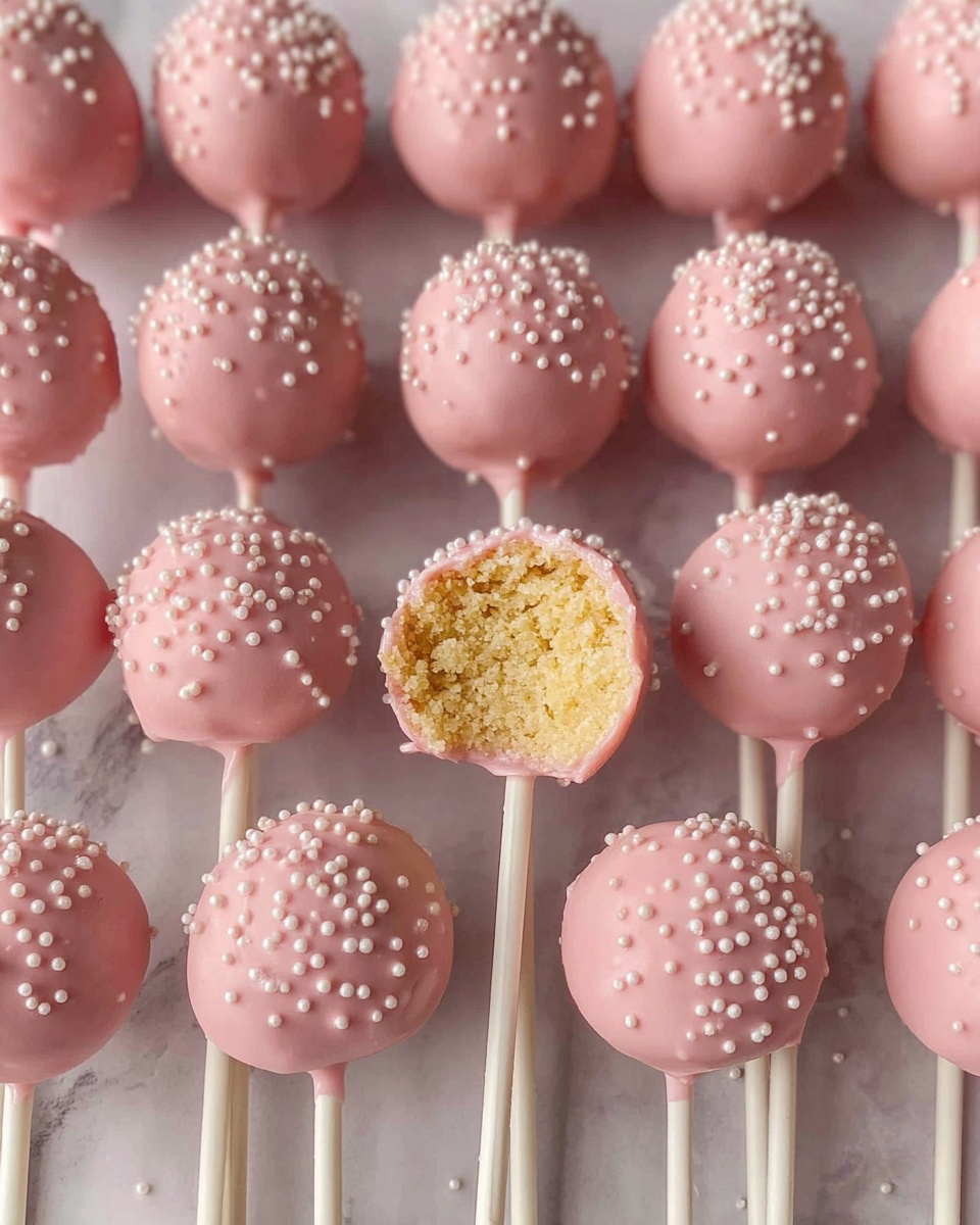 The image shows rows of pink cake pops on white sticks, evenly spaced on a white marbled surface. Each cake pop is coated with a smooth pink layer sprinkled with small white balls for texture. One cake pop in the middle has a bite taken out, revealing a crumbly, light yellow cake inside. The overall look is neat and colorful, with the pink coating shining softly under the light. Photo taken with an iphone --ar 4:5 --v 7