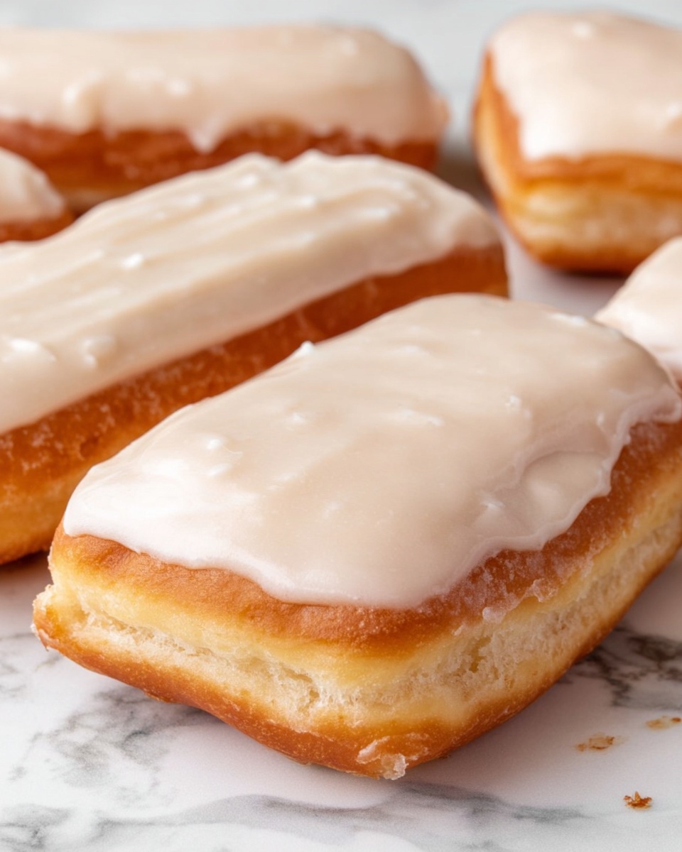 The image shows several rectangular doughnuts placed on a white marbled surface. Each doughnut has two layers: the bottom layer is a golden-brown fried dough with a fluffy texture, and the top layer is a smooth, creamy, light beige icing that covers the entire top surface. The doughnuts are arranged in a casual group, with the closest one in clear focus and the others slightly blurred in the background. photo taken with an iphone --ar 4:5 --v 7