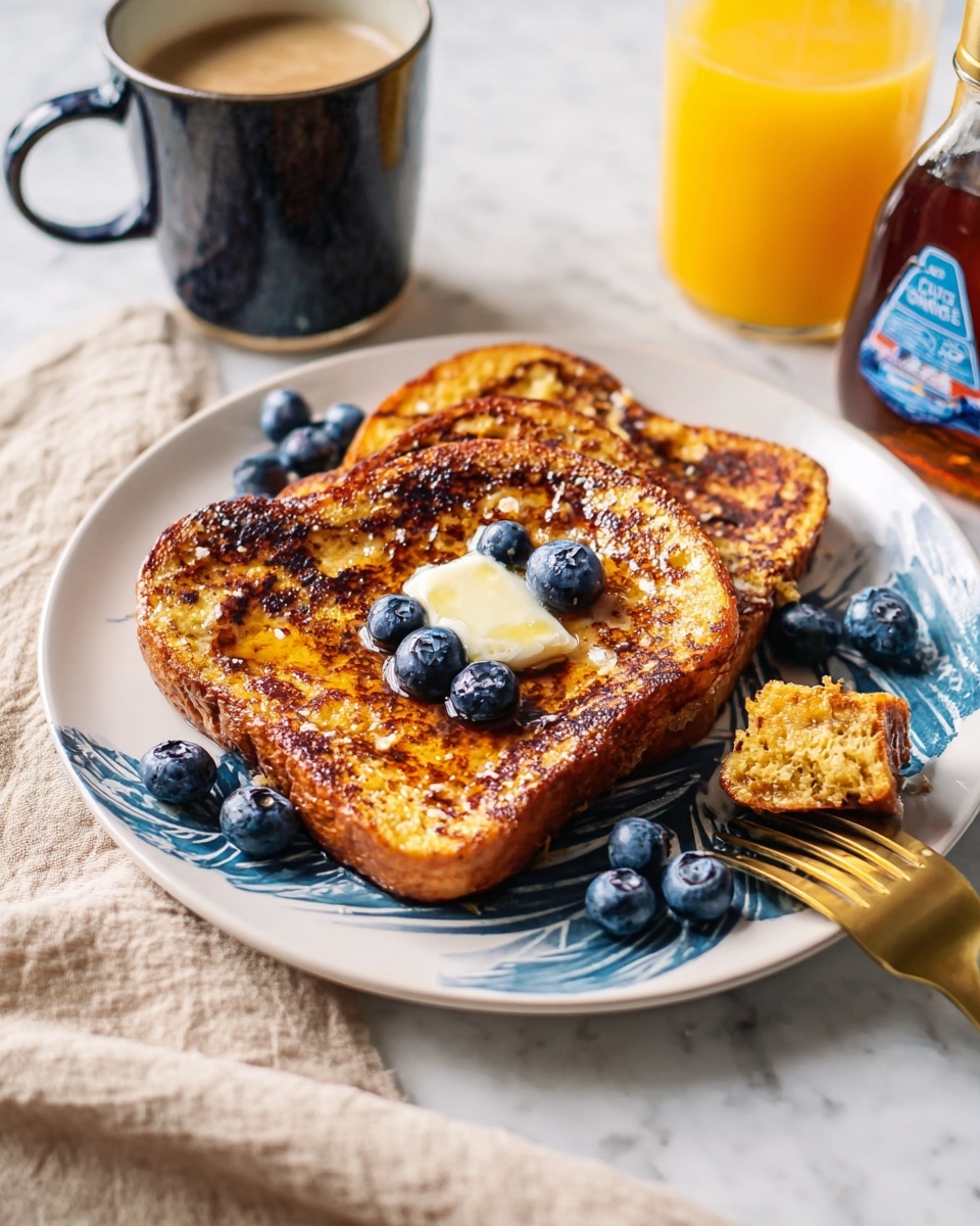Two slices of golden brown French toast are on a white plate with a blue design, each slice showing a slightly crisp texture with some darker spots. On the top slice, a small pat of melting butter sits in the center, surrounded by fresh, plump blueberries scattered on and around the bread. A golden fork holds a bite-sized piece of toast at the lower right edge of the plate. The plate rests on a white marbled surface with a soft beige cloth folded to the left. In the background, there is a black and brown coffee mug filled with coffee, a glass of orange juice, and a bottle of maple syrup, slightly blurred. Photo taken with an iphone --ar 4:5 --v 7