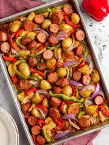 Sheet Pan Sausage, Peppers, and Potatoes Recipe