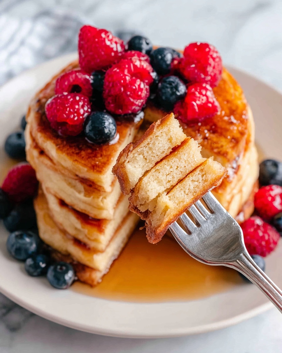A stack of four thick pancakes with a golden-brown color is placed in the center of a white plate on a white marbled surface. On top of the pancakes, there are fresh red raspberries and dark blue blueberries scattered generously. Syrup glistens over the pancakes, creating a shiny texture. A fork held by a woman's hand is lifting a piece from the bottom pancakes, showing the fluffy, light interior of the pancake. Some blueberries are also placed around the base of the stack. The overall image is bright and inviting. photo taken with an iphone --ar 4:5 --v 7