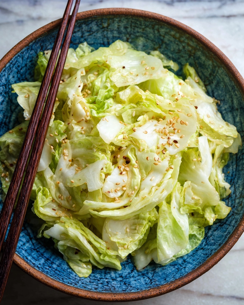 A close-up view of a blue textured bowl filled with roughly torn pieces of pale green cabbage layered loosely. The cabbage has a slight shine and is sprinkled with small tan sesame seeds on top. On the left side of the bowl, a pair of long, dark wooden chopsticks rest inside. The bowl is placed on a white marbled surface, enhancing the freshness of the cabbage. The overall look is simple and fresh, showing a light, healthy vegetable dish. photo taken with an iphone --ar 4:5 --v 7