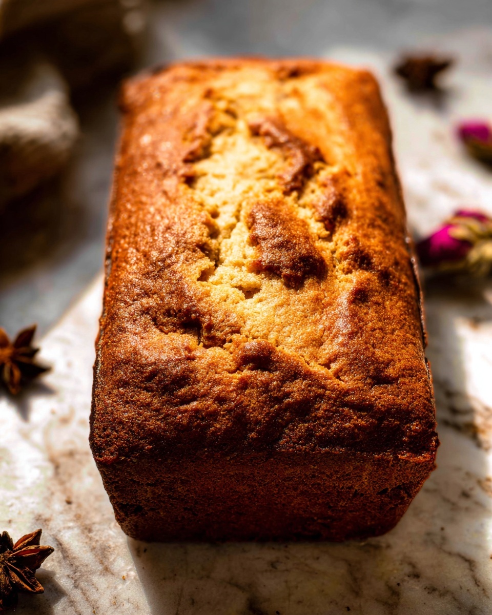 A rectangular loaf cake with a golden brown, slightly rough textured top layer that has small cracks and darker brown edges, showing a soft and moist interior underneath. The loaf is placed on a white marbled surface with soft, natural light casting warm shadows highlighting the uneven top crust. There are blurred dried rose petals and star anise spices in the background, adding a cozy, rustic feel to the image. Photo taken with an iphone --ar 4:5 --v 7