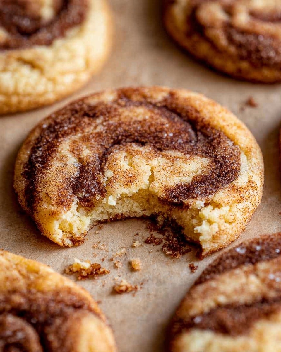 The image shows close-up of round cookies with swirls of light golden brown and dark brown cinnamon sugar on the top layer. The cookies have a soft, slightly crumbly texture with some sugar crystals visible on the surface. One cookie in the center has a bite taken out, showing a pale yellow inside. The cookies lie on a parchment-lined surface with a few crumbs scattered around. The overall colors are warm shades of beige, tan, and brown. photo taken with an iphone --ar 4:5 --v 7