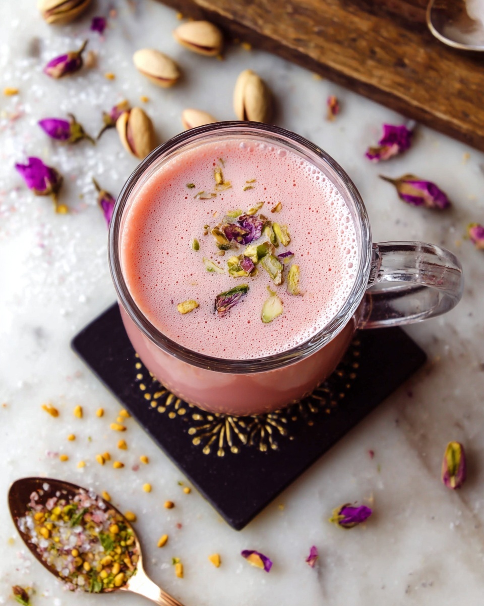 A clear glass mug filled with a smooth pink drink topped with small pieces of chopped nuts and seeds, showing a light frothy edge around the circle of the drink. The mug rests on a small dark square coaster with a decorative pattern made of tiny yellow seeds. Around the mug on a white marbled surface are scattered pistachio shells, whole pistachios, purple flower petals, and a gold-colored spoon coated with sugar crystals. Photo taken with an iphone --ar 4:5 --v 7