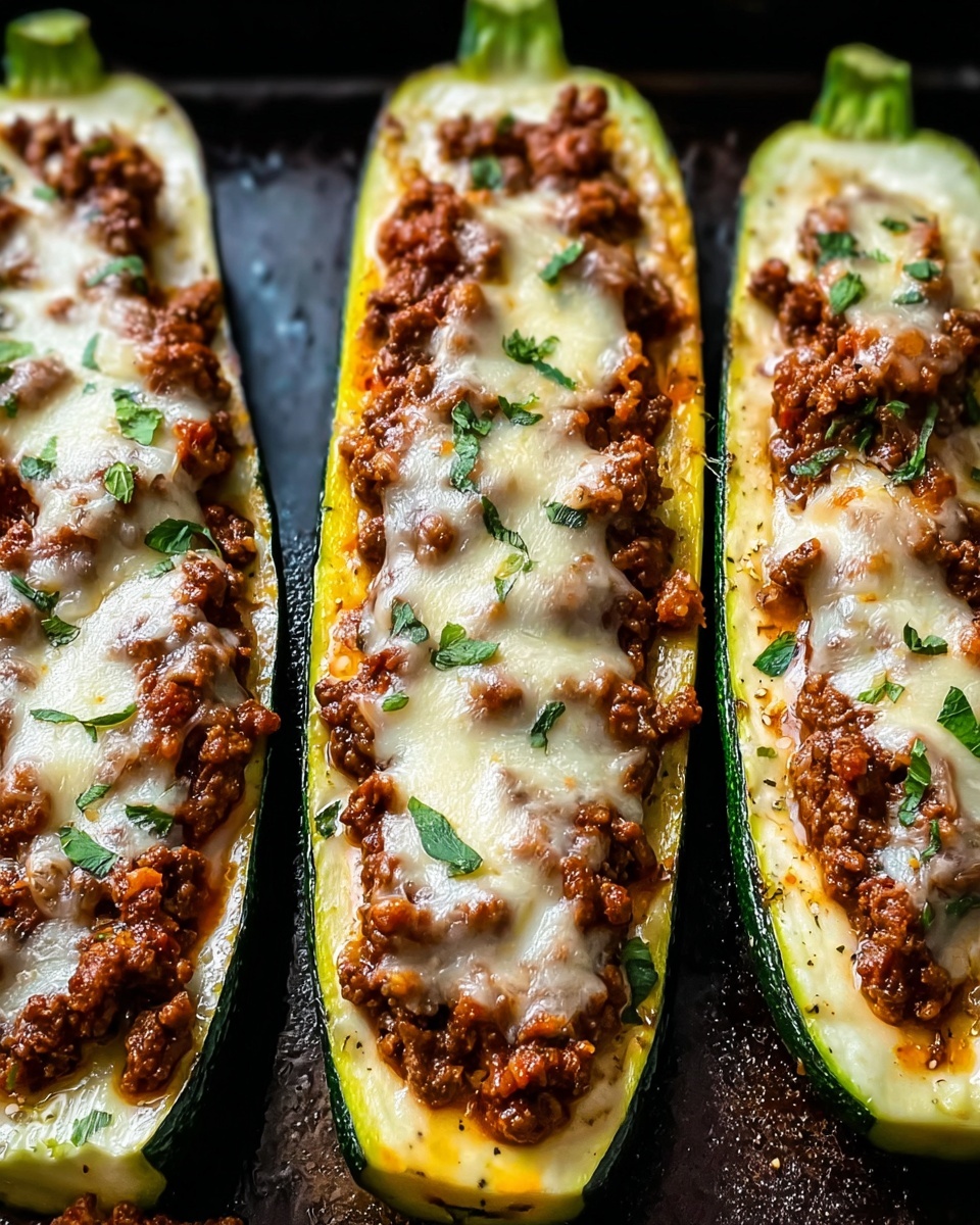 Three stuffed zucchini halves are shown closely. Each zucchini has a dark green outer skin and is filled with brown cooked meat mixed with spices. The meat layer is topped with melted pale yellow cheese that flows slightly over the edges. Small pieces of green herbs are scattered on top of the cheese. The zucchinis rest on a dark surface with some cooked juices visible around them. Photo taken with an iphone --ar 4:5 --v 7