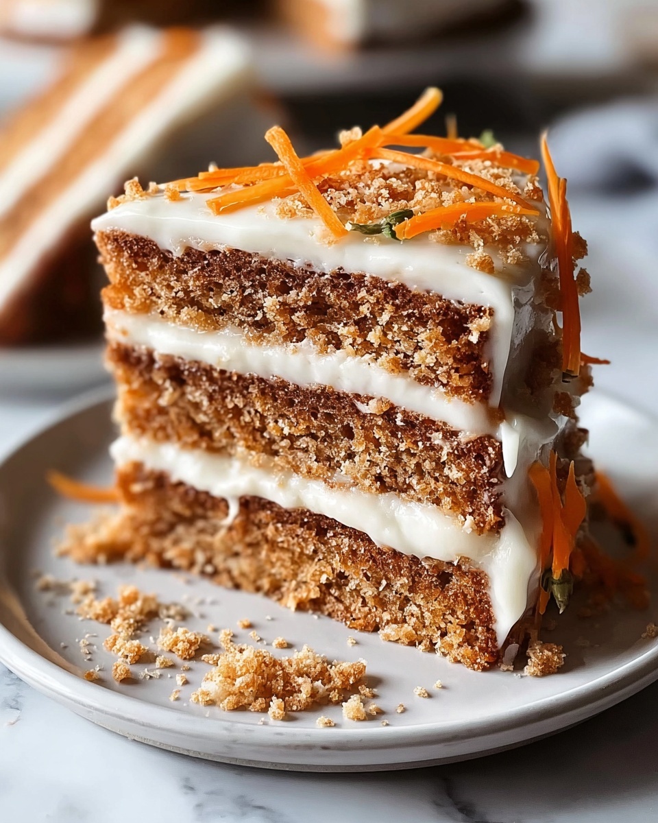 The image shows a tall piece of three-layered carrot cake on a white plate with smooth white frosting between each layer and on top. The cake layers are a light brown with a moist texture. The frosting on top is thick and creamy with some soaking down the side. On top of the cake, there are thin orange carrot shreds placed in lines and small crumbly bits scattered over the frosting. Some crumbs and carrot pieces are also around the base on the plate. The plate is set on a white marbled surface. photo taken with an iphone --ar 4:5 --v 7