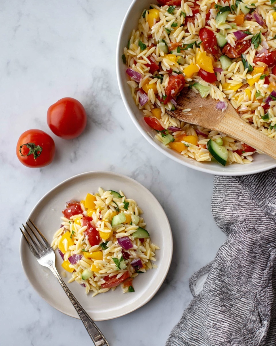 The image shows a white bowl filled with a colorful pasta salad made of orzo-shaped pasta, chopped red tomatoes, yellow bell peppers, green cucumbers, red onions, and bits of white cheese, all mixed together and stirred with a wooden spoon placed inside the bowl on the right side. Below the bowl is a white plate with a serving of the same salad, showcasing the mix of yellow pasta and vibrant vegetable pieces, with a silver fork resting on the plate’s edge. Two whole red tomatoes lie on a white marbled surface in the upper left corner, and a gray and white striped cloth is casually placed on the right side next to the plate. The lighting is natural, bright, and soft, emphasizing the fresh and vivid colors of the salad. photo taken with an iphone --ar 4:5 --v 7