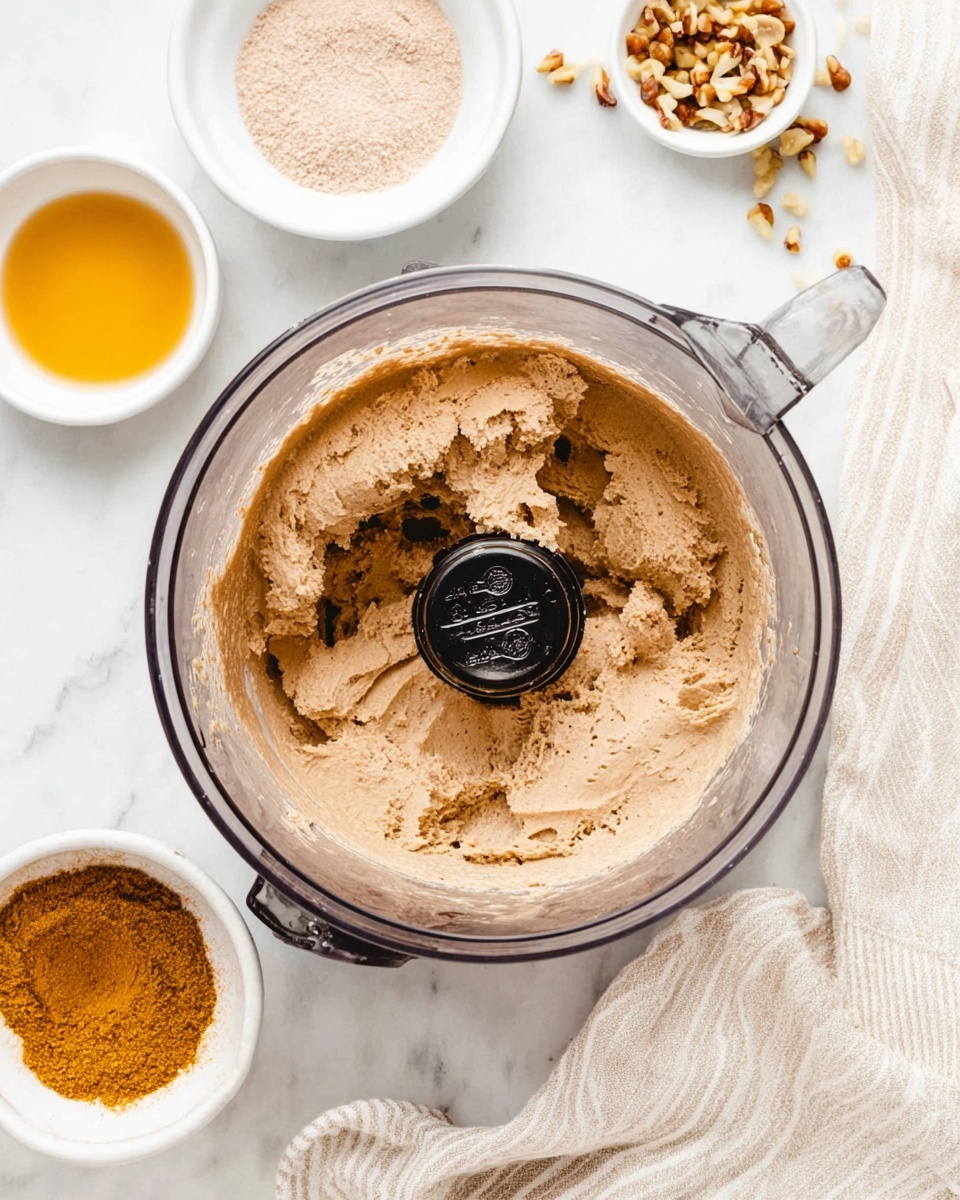 The image shows a clear ice cream maker bowl centered on a white marbled surface, filled with a thick, light brown creamy mixture with soft, uneven texture on top. Around the machine, there are three small white bowls: one with a golden-orange liquid, one filled with light brown powder, and one with small brown nut pieces. A white and beige striped cloth is partly visible on the right side. The setup is bright and clean with a soft natural light. Photo taken with an iphone --ar 4:5 --v 7