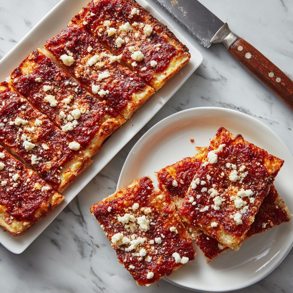 The image shows two rectangular white plates on a white marbled surface. One plate holds a full rectangular tart with a golden brown crust. The tart has a smooth, dark purple layer of fruit filling topped with small white crumbly pieces spread evenly across. The second plate has the tart sliced into six long, narrow rectangles, each showing the same layers clearly. Next to the plates, there is a large knife with a wooden handle resting on the surface. Photo taken with an iphone --ar 4:5 --v 7