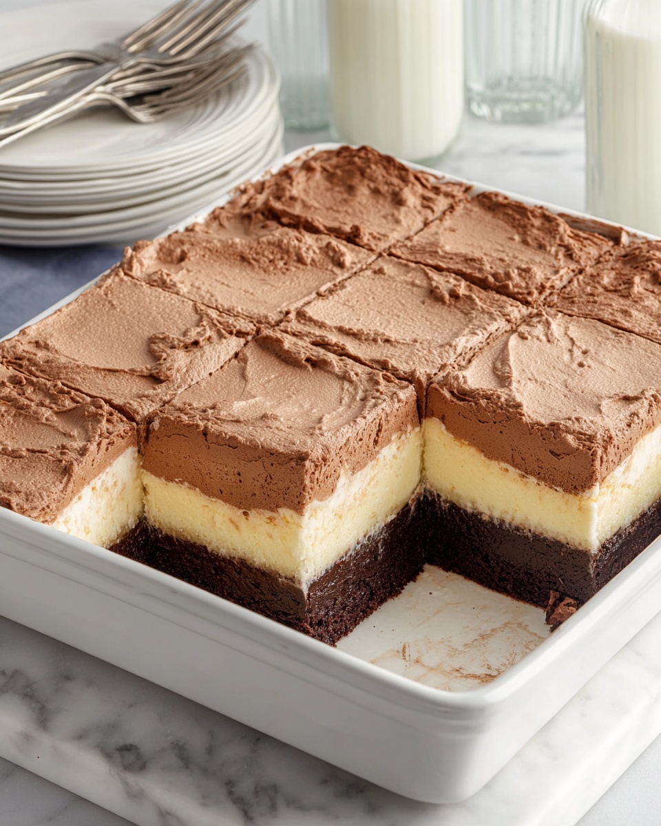 A white rectangular baking dish holds a cut dessert with three visible layers: the bottom layer is a pale yellow cheesecake with a smooth texture, the middle layer is a dark brown chocolate cake with a soft, moist look, and the top layer is a thick, light brown chocolate mousse with a fluffy, slightly uneven surface. The dessert is divided into square pieces, with one piece removed showing the clear separation of the layers. The dish sits on a white marbled surface, with two tall bottles in the background and a stack of white plates with silver forks to the side. Photo taken with an iphone --ar 4:5 --v 7