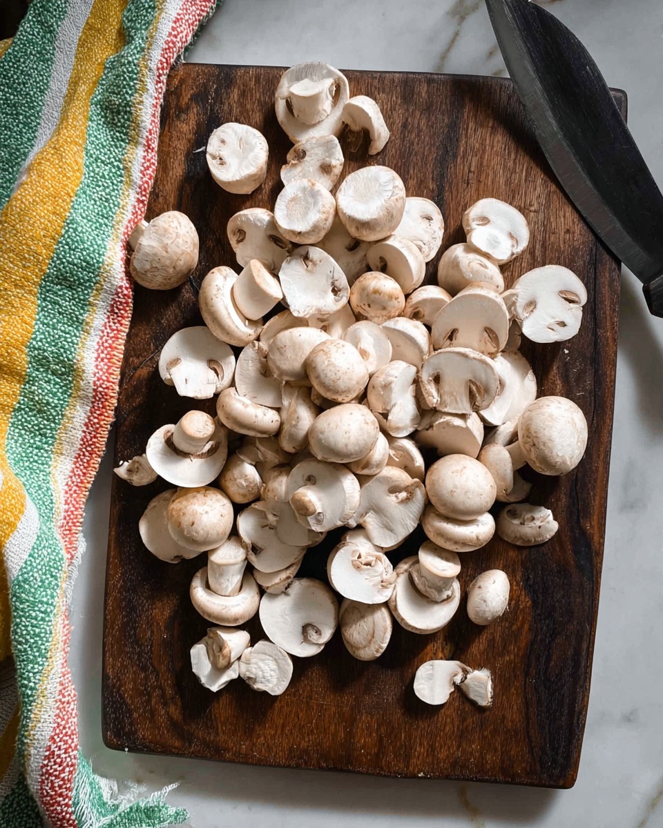 A dark wooden cutting board is filled with whole and sliced white mushrooms spread in a loose pile. The mushrooms show smooth, round tops and pale gills inside the slices, some pieces are halves, others smaller cut sections. On the top left corner, part of a towel with stripes in green, yellow, red, and white colors drapes onto the board. To the right, a black-handled knife lies beside the mushrooms. The whole scene is set on a white marbled surface. photo taken with an iphone --ar 4:5 --v 7