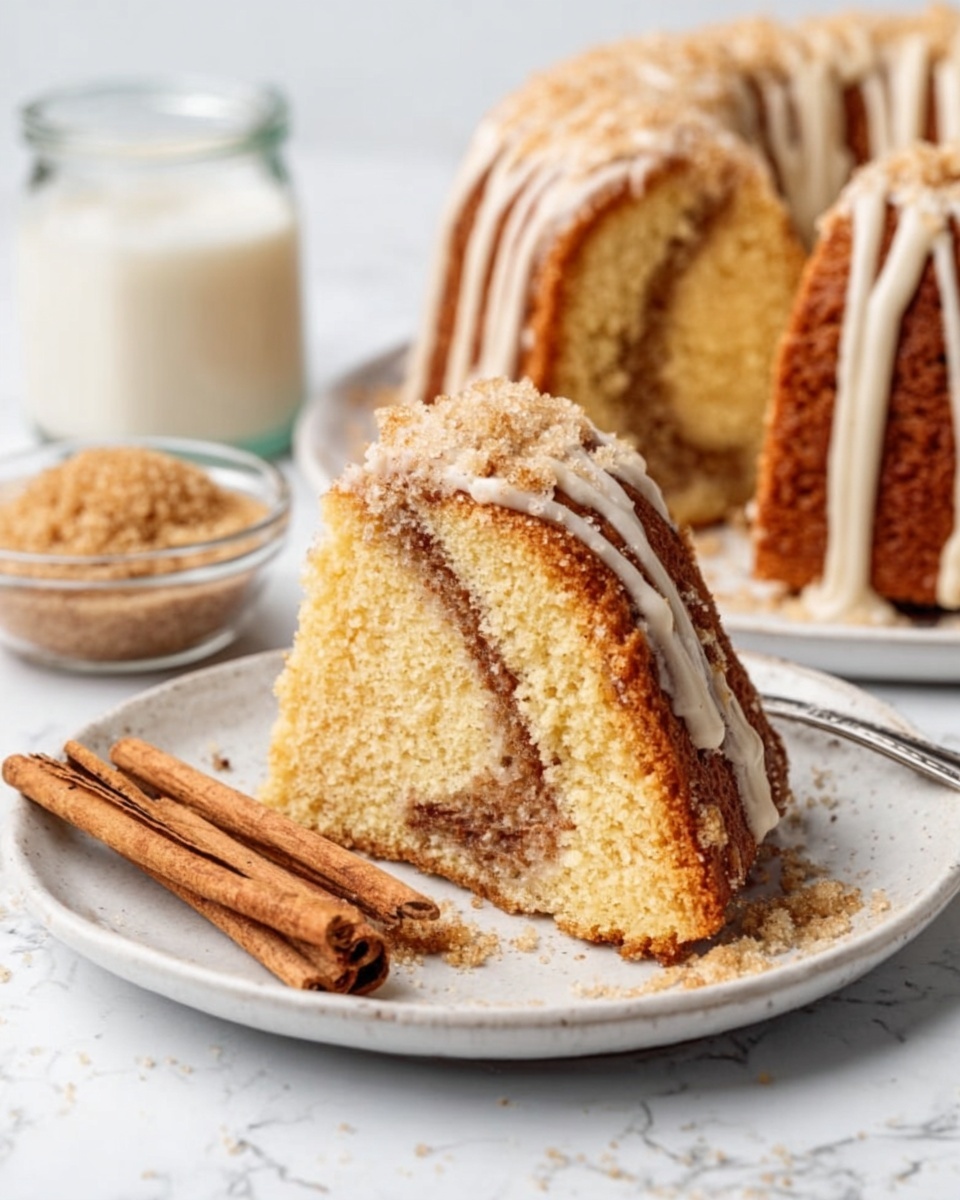 A white plate holds a thick slice of cinnamon swirl cake, showing one visible swirl layer of light brown cinnamon filling inside the soft, golden-yellow cake. The cake slice has a crumbly texture on top with sugar crystals. Drizzled in an off-white icing, in smooth lines over the top and slightly on the side, adding a glossy contrast. The background is a white marbled surface with a small clear bowl of light brown sugar, two cinnamon sticks lying nearby, and a jar of milk partly visible behind. Photo taken with an iphone --ar 4:5 --v 7