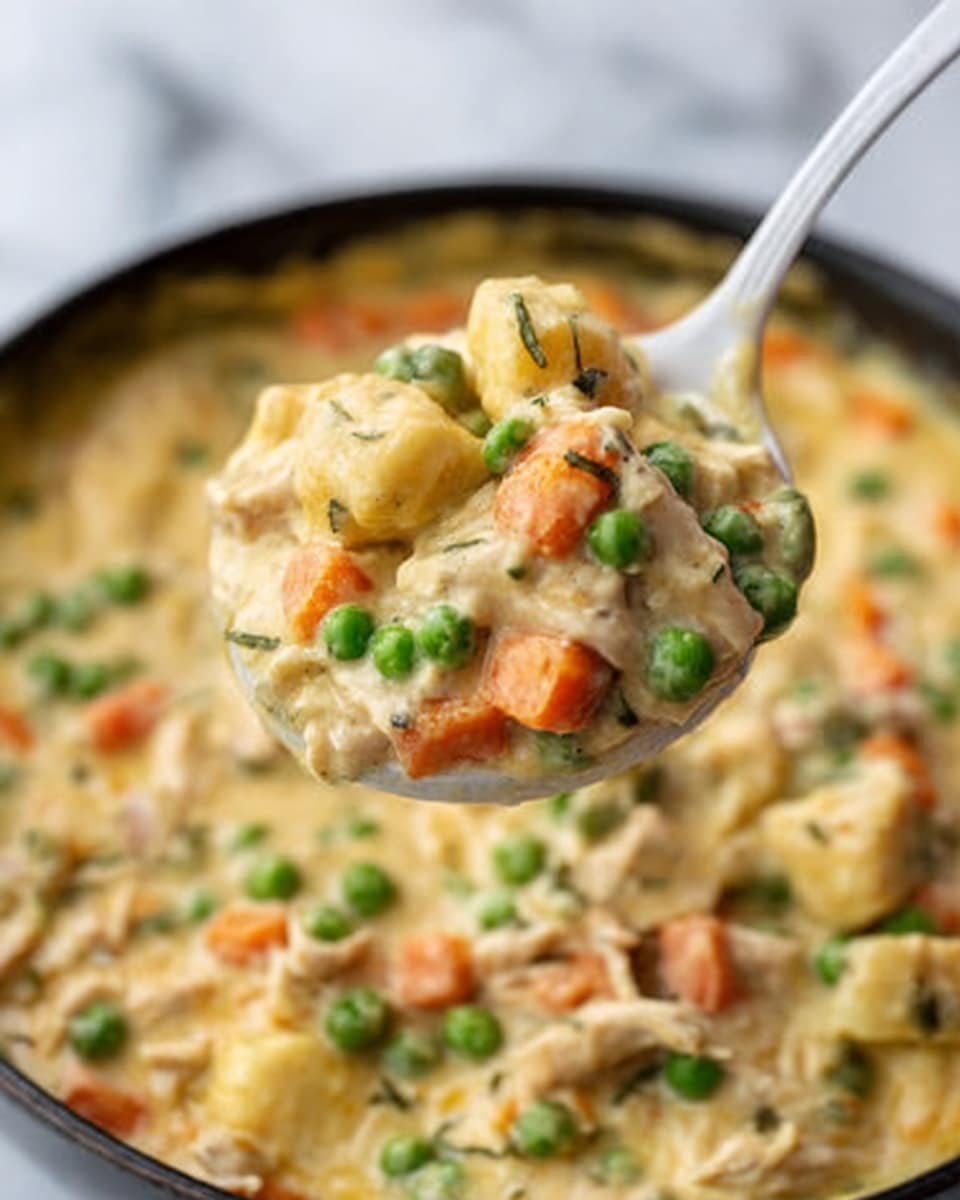 A white bowl filled with creamy gnocchi soup, showing one main thick layer of small, round, soft gnocchi pieces in pale yellow color. Scattered within the gnocchi are chunks of shredded light brown cooked chicken and bright orange carrot slices. Green peas and fresh green basil leaves are spread on top, with small black pepper grains visible on the surface. The soup base looks thick and creamy with a light beige tone, surrounding all ingredients evenly. The bowl sits on a white marbled surface. photo taken with an iphone --ar 4:5 --v 7