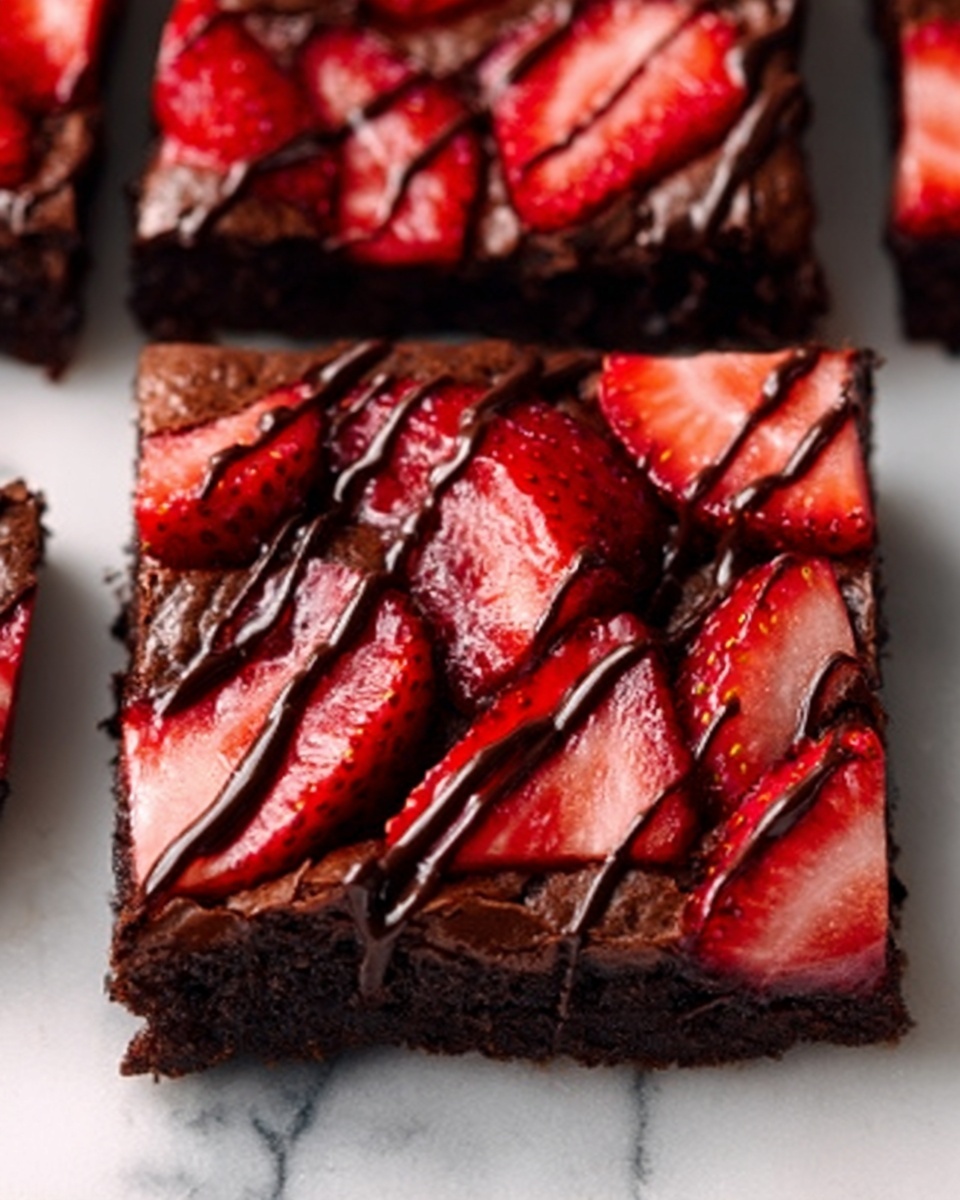The image shows close-up square brownies with a dark brown, smooth, and thick chocolate base. On top of each brownie, there are thin, bright red strawberry slices arranged flatly, covering most of the upper surface. Dark chocolate sauce is drizzled in thin lines over the strawberries, creating a shiny, textured layer that contrasts with the matte strawberries and base. The brownies are placed on a white marbled surface, and a woman's hand is slightly visible near the edge. Photo taken with an iphone --ar 4:5 --v 7