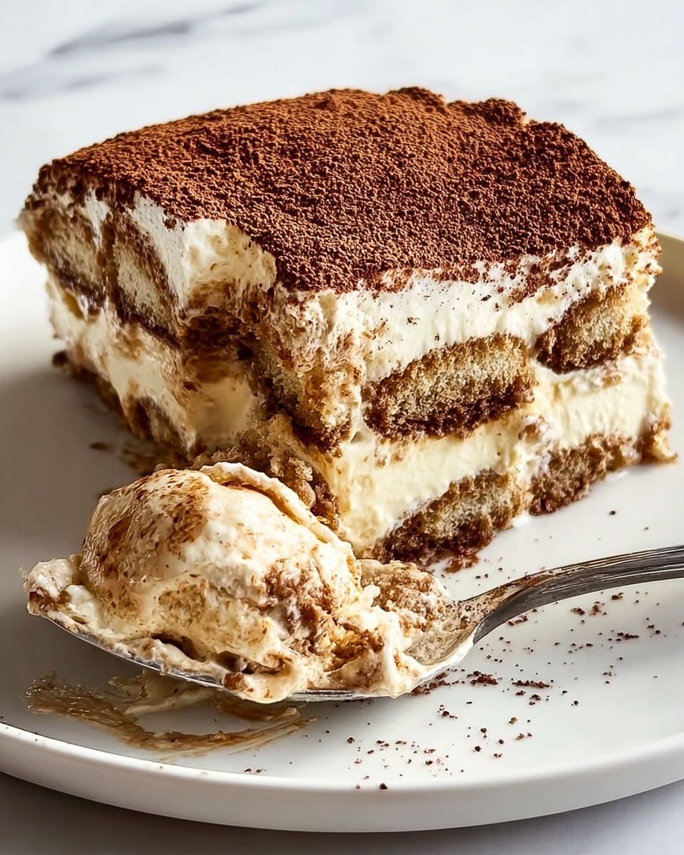 The image shows a square slice of tiramisu on a white plate, placed on a white marbled surface. The dessert has three layers of light brown coffee-soaked ladyfingers alternating with three layers of creamy white mascarpone cheese. The top layer is thick with whipped cream and dusted evenly with fine cocoa powder, giving it a rich brown topping. The edges are smooth, and the layers are clear and distinct, showing a soft and moist texture. photo taken with an iphone --ar 4:5 --v 7