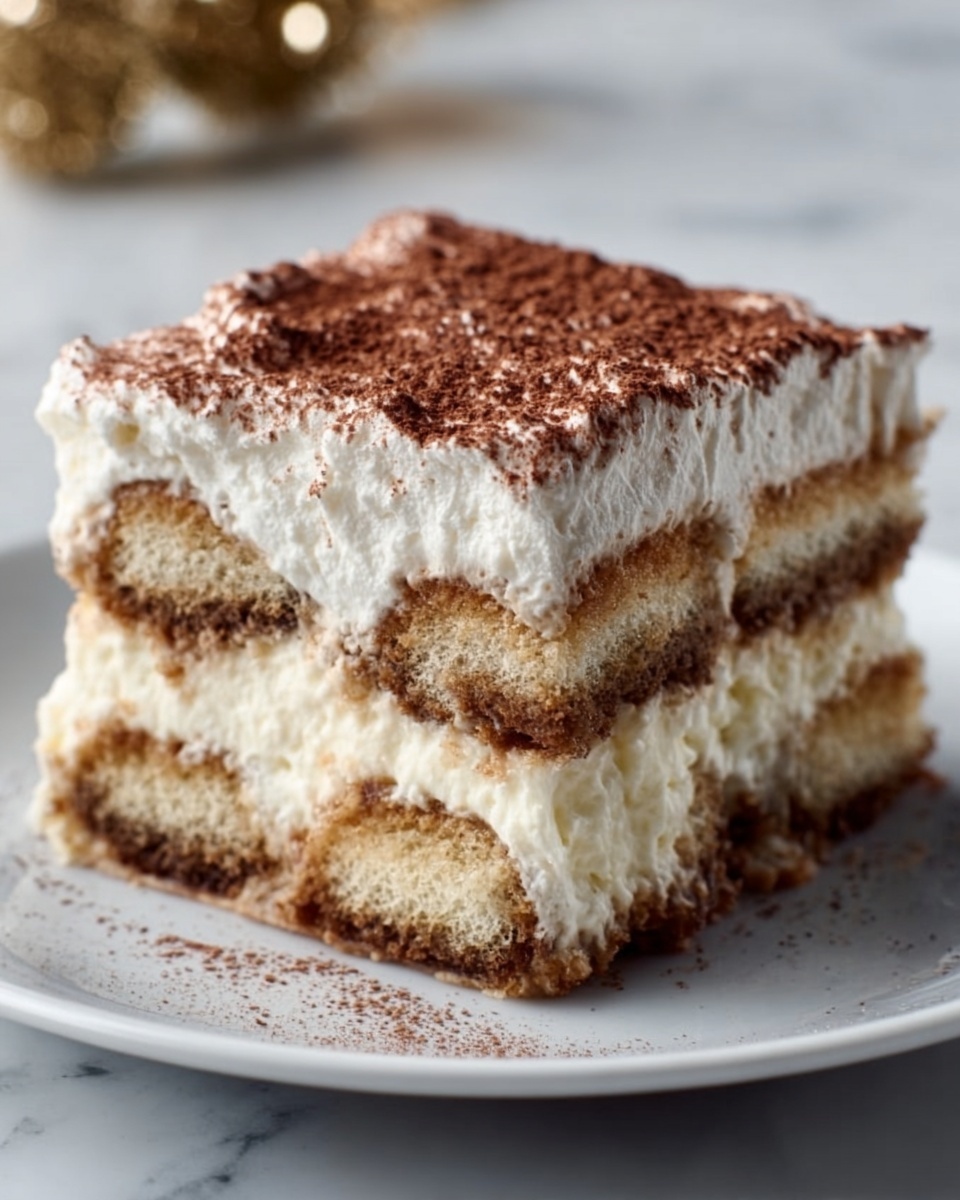 A slice of tiramisu is on a white plate with a white marbled background, showing about four layers: two light creamy layers with smooth, fluffy texture and two darker coffee-soaked cake layers with a soft, soaked look. The top layer is dusted evenly with cocoa powder. In front of the slice, a spoon holds a scoop of the creamy dessert, showing the mix of cream and cake soaked with coffee. The dessert looks soft and moist with cream slightly melting on the plate. Photo taken with an iphone --ar 4:5 --v 7