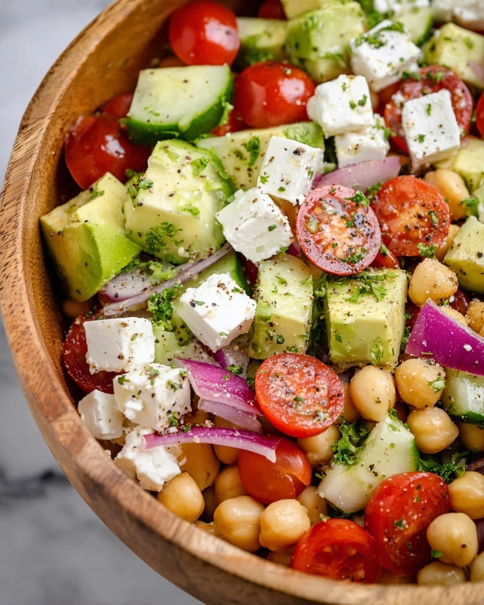 The image shows a colorful salad in a wooden bowl filled with many layers of fresh ingredients. The bottom layer has beige chickpeas spread out evenly. On top of that, there are cubes of pale green avocado and cucumber pieces with light green skin, mixed with bright red halved cherry tomatoes. Scattered around are small white cubes of feta cheese, which have a soft, crumbly texture. Thin slices of purple-red onion add a bit of contrast, and tiny green parsley leaves are sprinkled throughout. The salad is lightly seasoned with black pepper visible over the top. The bowl sits on a white marbled surface. photo taken with an iphone --ar 4:5 --v 7