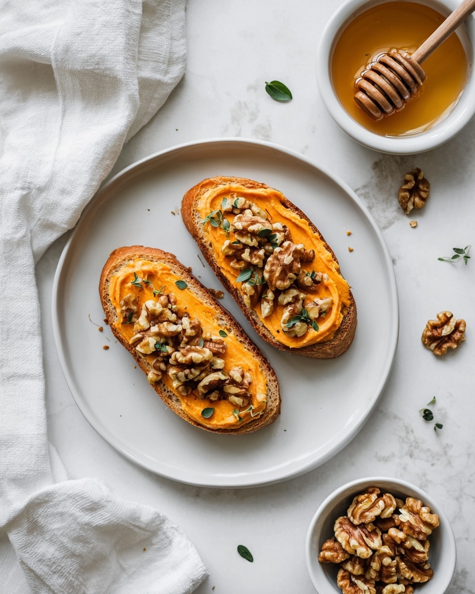 Two slices of toasted bread sit side by side on a white plate, each topped with an orange spread that looks creamy and smooth. On top of the spread, there are scattered pieces of large brown and light tan walnuts and small green leaves that add a fresh touch. To the right, a small white bowl holds honey with a wooden honey dipper resting inside, while another small white bowl filled with walnut pieces is visible at the bottom right. The background surface is a white marbled texture and a soft white cloth is draped casually to the left. The photo taken with an iphone --ar 4:5 --v 7