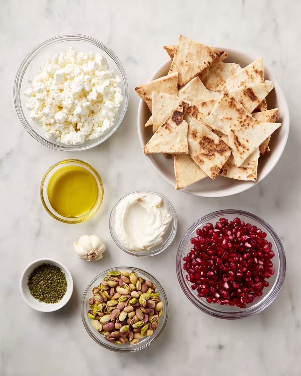 The image shows a white marbled surface with several clear glass bowls arranged in rows. The largest bowl in the top right contains triangular pieces of toasted flatbread with brown grill marks on top. To the left of it is a large bowl filled with crumbled white cheese. Below the cheese, there is a small bowl of golden olive oil, and next to it a bowl of white creamy spread. Below those is a tiny bowl with green herbs and a small dish with a single peeled white garlic clove. On the far right, there is a bowl full of bright red pomegranate seeds. A small bowl filled with chopped nuts, including pistachios, is in the top left corner. Each bowl's contents are clearly visible and colorful against the white marbled surface, giving a clean and fresh look. photo taken with an iphone --ar 4:5 --v 7