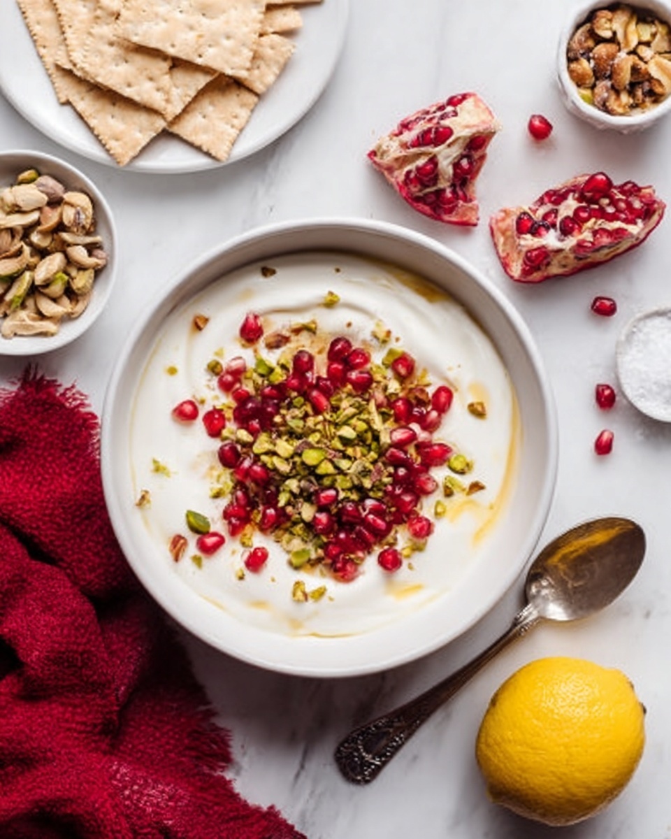 A white bowl filled with a smooth creamy yogurt base, topped with bright red pomegranate seeds and chopped green pistachios, arranged in a small mound at the center. Near the bowl, there's half a lemon with a vibrant yellow color and several broken pomegranate pieces with juicy red seeds spilling out. A silver spoon lies beside the bowl on a white marbled surface, and a red cloth is partially visible at the bottom left corner. Around the main bowl, small white bowls hold salt and a mixture of nuts, with some light brown crackers on a white plate in the background. Photo taken with an iphone --ar 4:5 --v 7