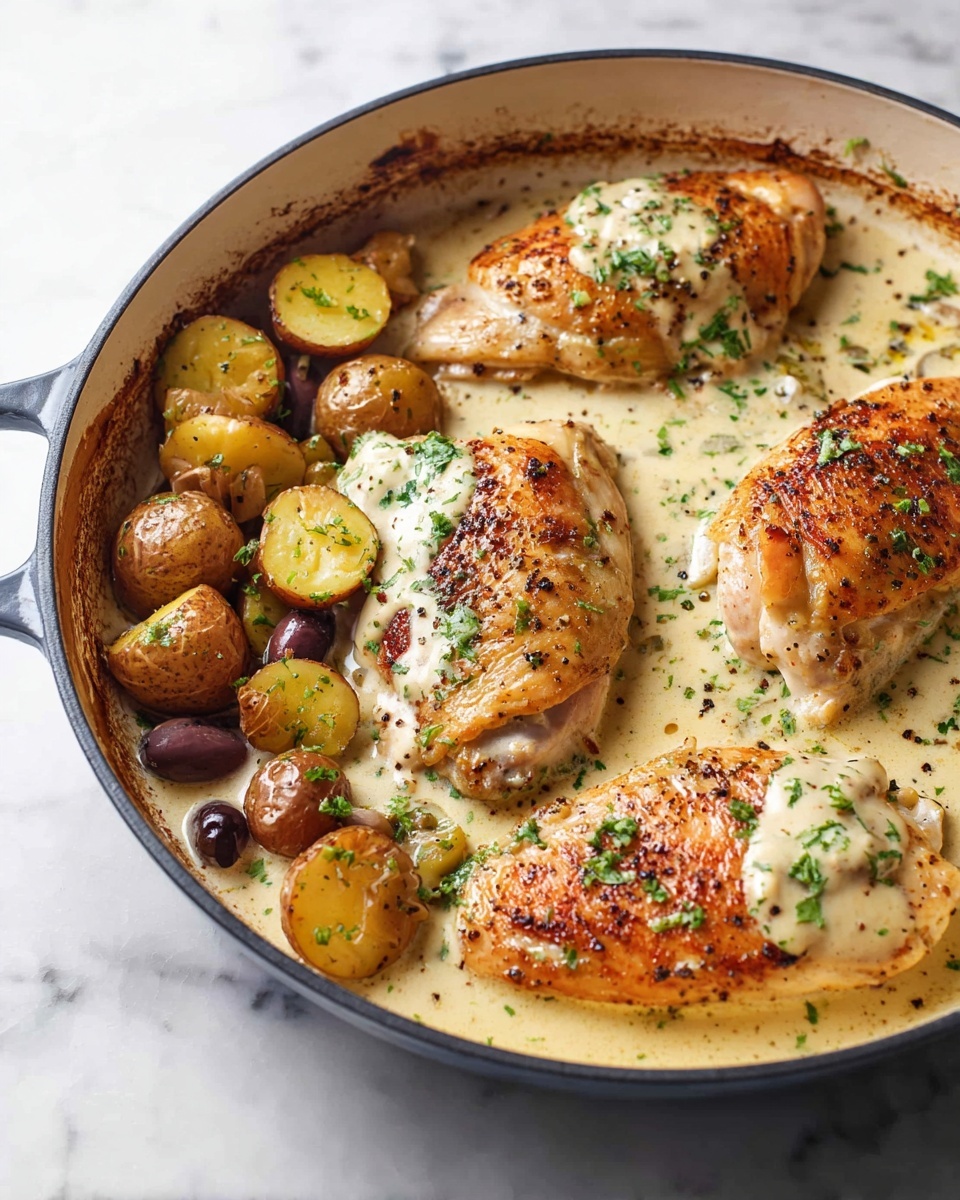 A white pan with a dark rim holds three cooked chicken pieces in the center, each topped with a light cream sauce sprinkled with black pepper and green herbs. On the left side of the pan, there are small whole and halved roasted potatoes with a golden brown color mixed with some darker olives. The cream sauce fills the bottom of the pan around the chicken and potatoes, with the sauce touching the pan sides that show browned marks. The background is a white marbled texture. photo taken with an iphone --ar 4:5 --v 7