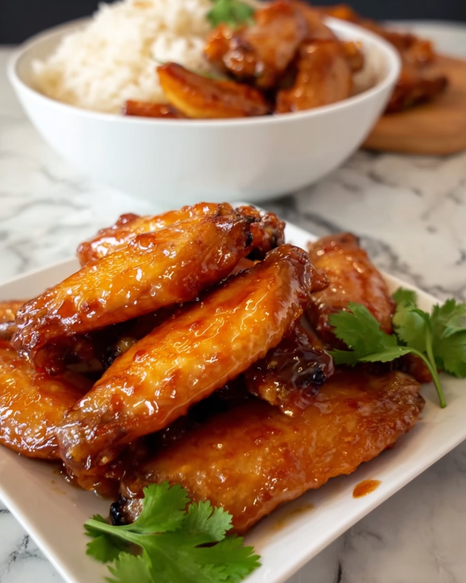 The image shows a white square plate filled with several pieces of sticky, glazed chicken wings stacked unevenly, their shiny orange-brown sauce glistening under the light. Behind the plate is a white bowl filled with white rice topped with a few glazed chicken wings, resting on a white marbled surface. A small bunch of green cilantro leaves is placed near the plate on the right side, adding a fresh contrast to the warm tones of the chicken wings. The scene is captured close-up, highlighting the texture and shine of the sauce on the wings. Photo taken with an iphone --ar 4:5 --v 7