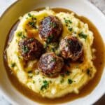 Salisbury Steak Meatballs with Garlic Herb Mashed Potatoes Recipe