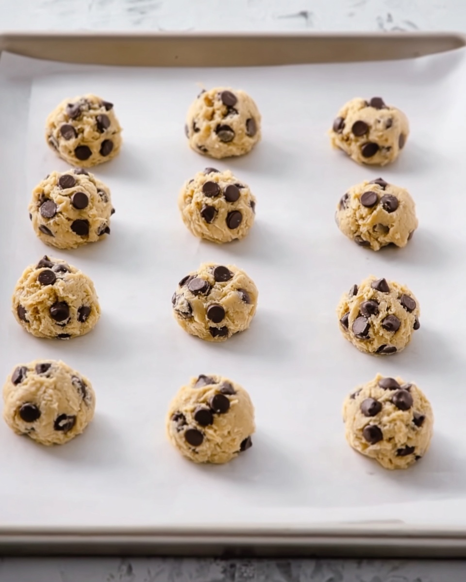 The image shows a white tray covered with parchment paper holding 14 small, round cookie dough balls arranged in an even grid. Each cookie dough ball is light beige in color with a rough texture and topped with scattered dark brown chocolate chips. The background is a white marbled texture. The scene is simple with no extra items visible, focusing on the evenly spaced cookie dough balls ready for baking. Photo taken with an iphone --ar 4:5 --v 7