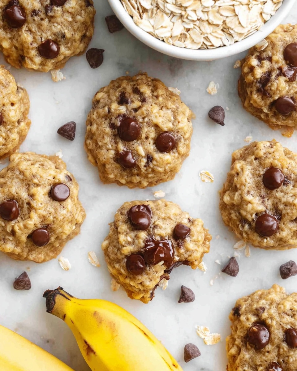 The image shows a group of soft oatmeal cookies with chocolate chips scattered on a white marbled surface. Each cookie is round, light brown, and textured with visible oats and melted chocolate chips on top. One cookie in the center is partially bitten, displaying a soft inside with gooey chocolate. Nearby, a white bowl filled with uncooked oats sits at the top of the image, and a ripe yellow banana with some brown spots is placed at the bottom left corner, creating a fresh and homemade vibe. photo taken with an iphone --ar 4:5 --v 7