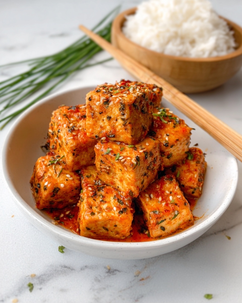 The image shows a white bowl with a spicy tofu dish stacked in the center, consisting of about eight large tofu cubes coated in a bright orange-red sauce with visible bits of herbs and seeds sprinkled on top. The tofu texture looks firm with slightly crispy edges, and it sits on a smooth white marbled surface. In the background, there is a white bowl filled with plain white rice, and a pair of wooden chopsticks leaning on the tofu bowl. The scene includes some green chives scattered around in the back. Photo taken with an iphone --ar 4:5 --v 7