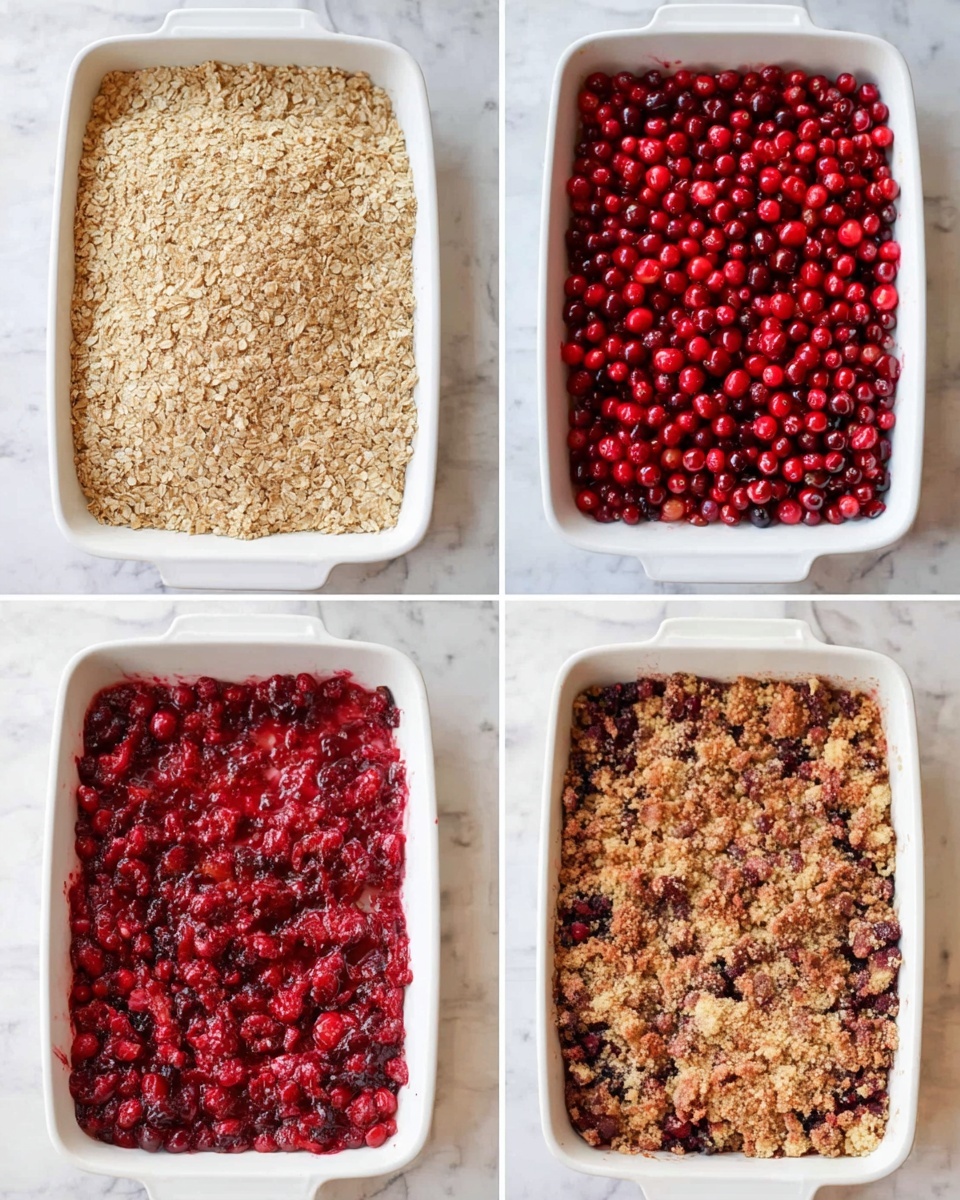 A white baking dish is shown in four stages of making a berry crumble on a white marbled surface. The first image shows a thick layer of light tan oat crumble that looks dry and crumbly. The second image is filled with a bright red layer of fresh cranberries, packed closely together and shiny. The third image shows the cranberries mostly covered again with a thinner layer of light tan crumble topping, with some berries still visible. The last image shows the bake after cooking, where the top crumble layer is browned and crispy mixed with darker, cooked berries underneath, giving a mix of deep reds and golden brown colors. Photo taken with an iphone --ar 4:5 --v 7