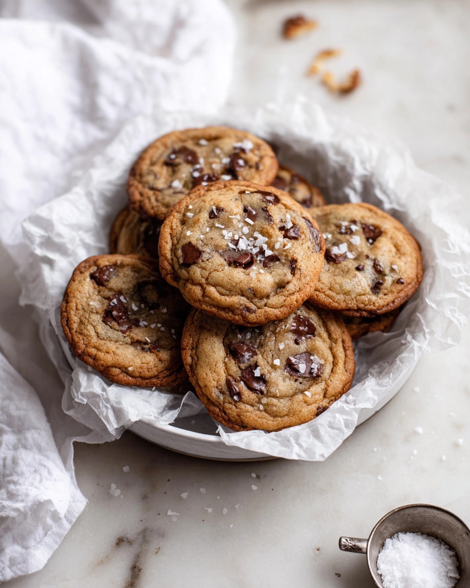 Soft and Chewy Banana Chocolate Chip Cookies Recipe 3 The image shows a stack of six chocolate chip cookies in a round white bowl lined with crumpled parchment paper. Each cookie has a golden-brown color with a slightly darker edge, dotted with melted chocolate chips and small flakes of white salt on top. The cookies look soft and slightly thick with a textured surface. The bowl is placed on a white marbled surface with some cookie crumbs scattered around. A white cloth is folded casually in the lower left corner, and a small metal cup filled with salt is visible in the bottom right corner. Photo taken with an iphone --ar 4:5 --v 7