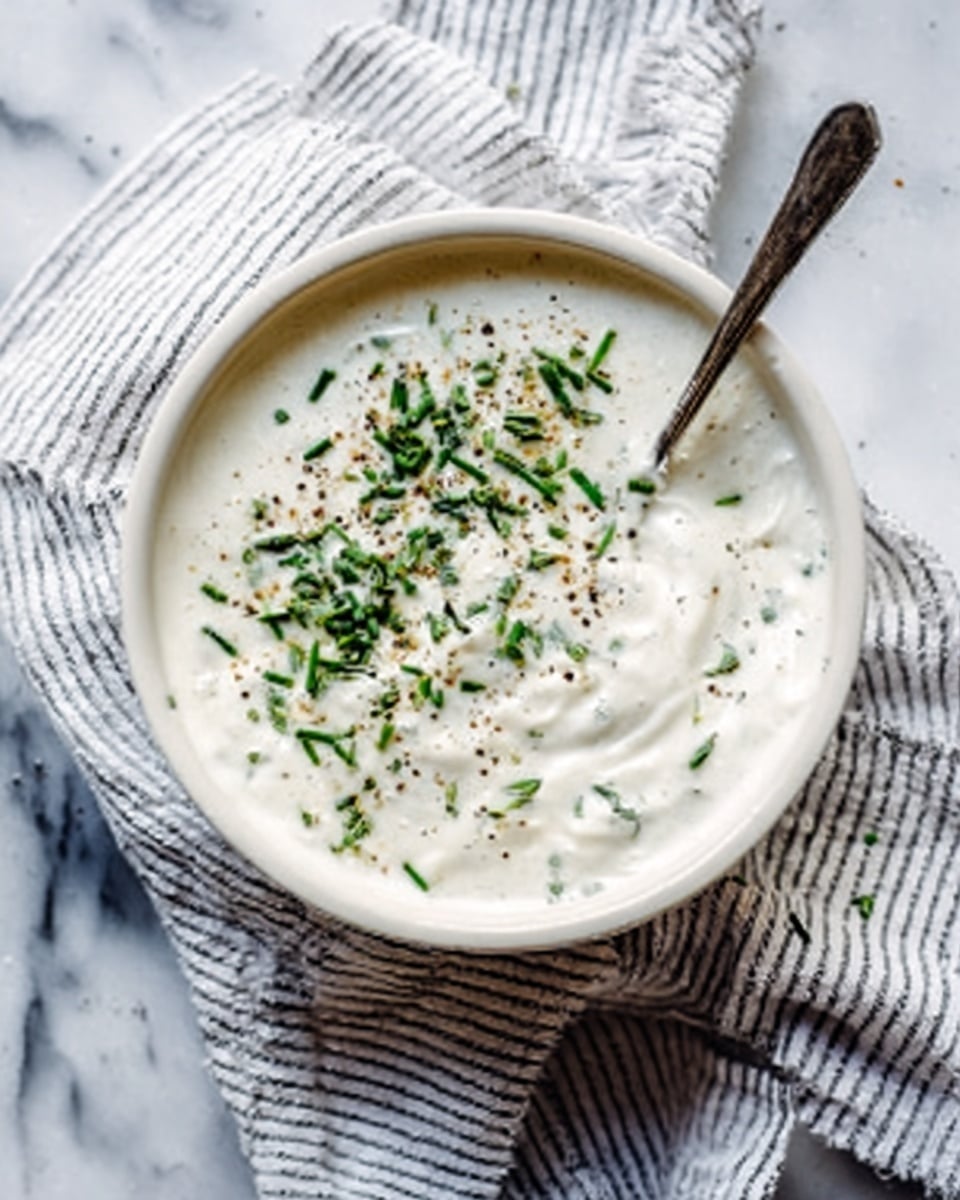 A white bowl with a smooth, creamy white sauce inside, topped with small chopped green herbs and some black pepper flakes scattered on top. The sauce has a thick, soft texture. A metal spoon rests inside the bowl on the right side. The bowl is placed on a white marbled surface with a white and gray striped cloth nearby. Photo taken with an iphone --ar 4:5 --v 7