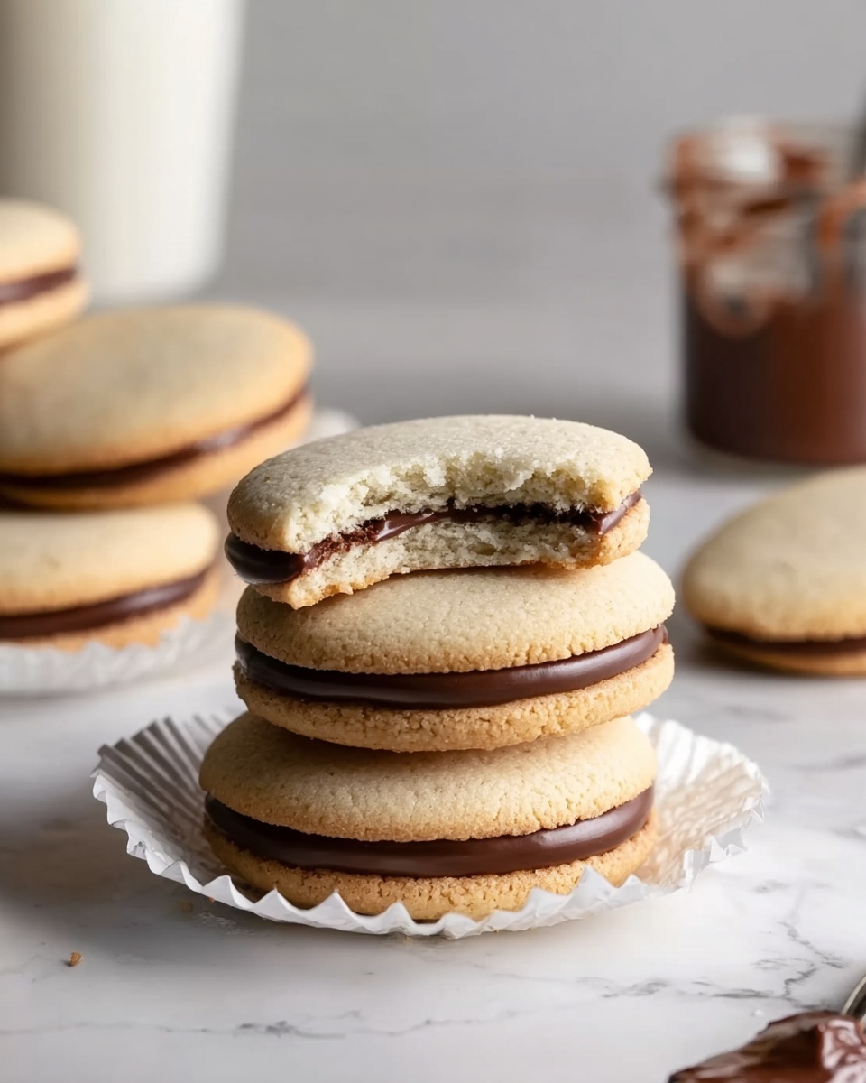 A stack of four oval-shaped light beige cookies with a smooth dark brown chocolate layer sandwiched between each one is shown on a white cupcake liner on a white marbled surface. The top cookie is bitten, revealing a soft texture inside. In the background, there are more cookies and a blurred glass of milk as well as a jar with chocolate spread. The scene has soft lighting and a clean, simple look. Photo taken with an iphone --ar 4:5 --v 7