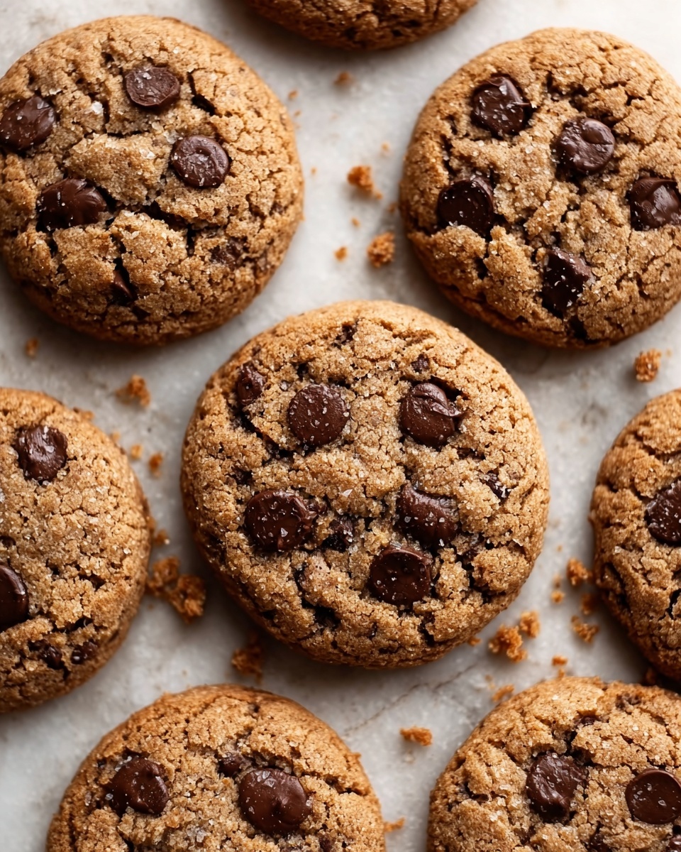 The image shows seven round cookies with a rough texture and large chocolate chips on top. The cookies have a golden brown color, slightly darker around the edges, and look soft with small cracks on the surface. They are placed directly on a white marbled surface with some scattered cookie crumbs. The lighting highlights the texture and chocolate chips well, creating a warm and inviting look. photo taken with an iphone --ar 4:5 --v 7