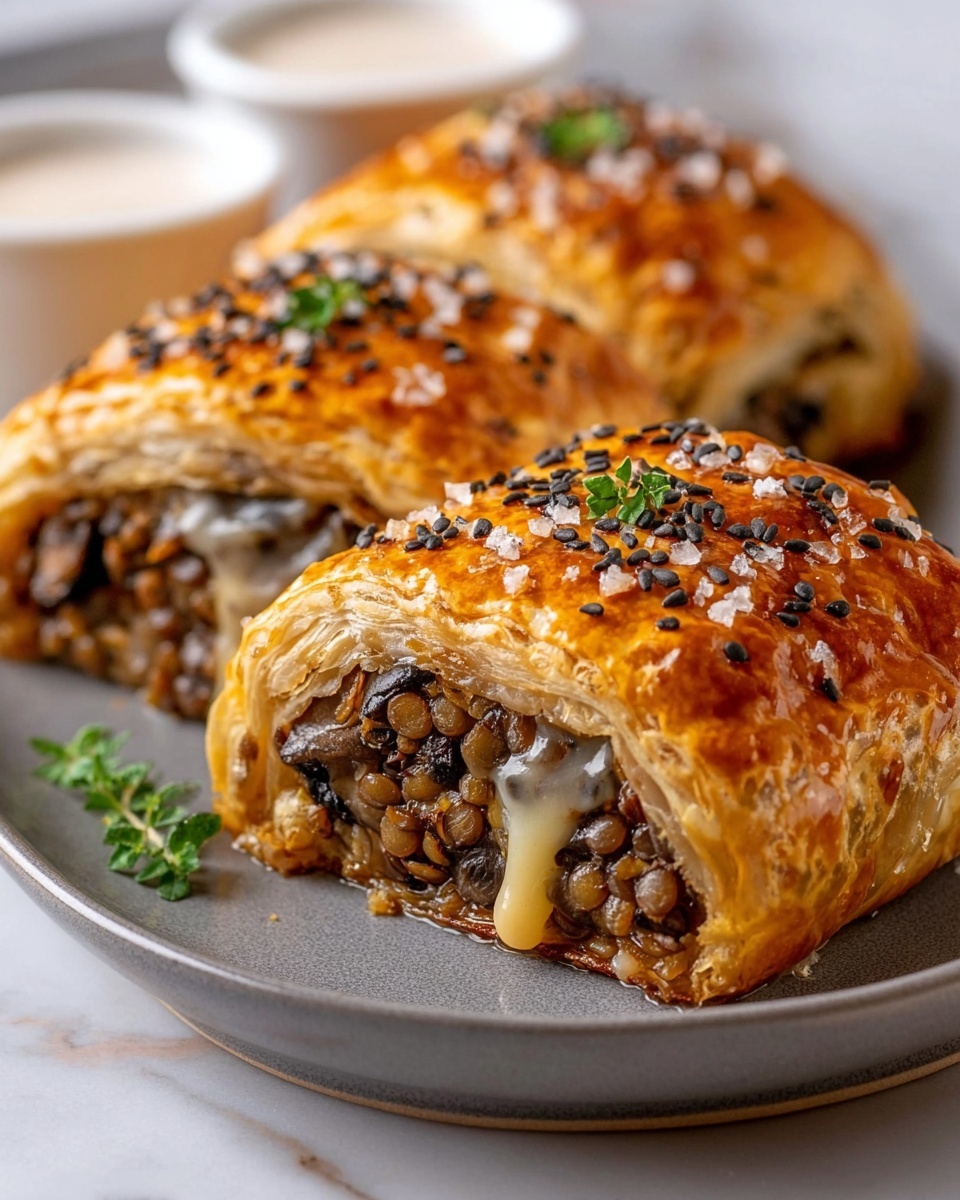 This image shows three pieces of golden brown pastry rolls with a shiny, slightly crisp top sprinkled with coarse salt, small green herb leaves, and black and white seeds. Each roll is filled with layers of cooked lentils and sliced mushrooms mixed together, and melted cheese dripping from the inside. The flaky pastry is thick and layered, holding the filling tightly. The rolls are arranged on a flat, light gray plate with two small white dipping sauce containers blurred in the background, all set on a white marbled surface. photo taken with an iphone --ar 4:5 --v 7
