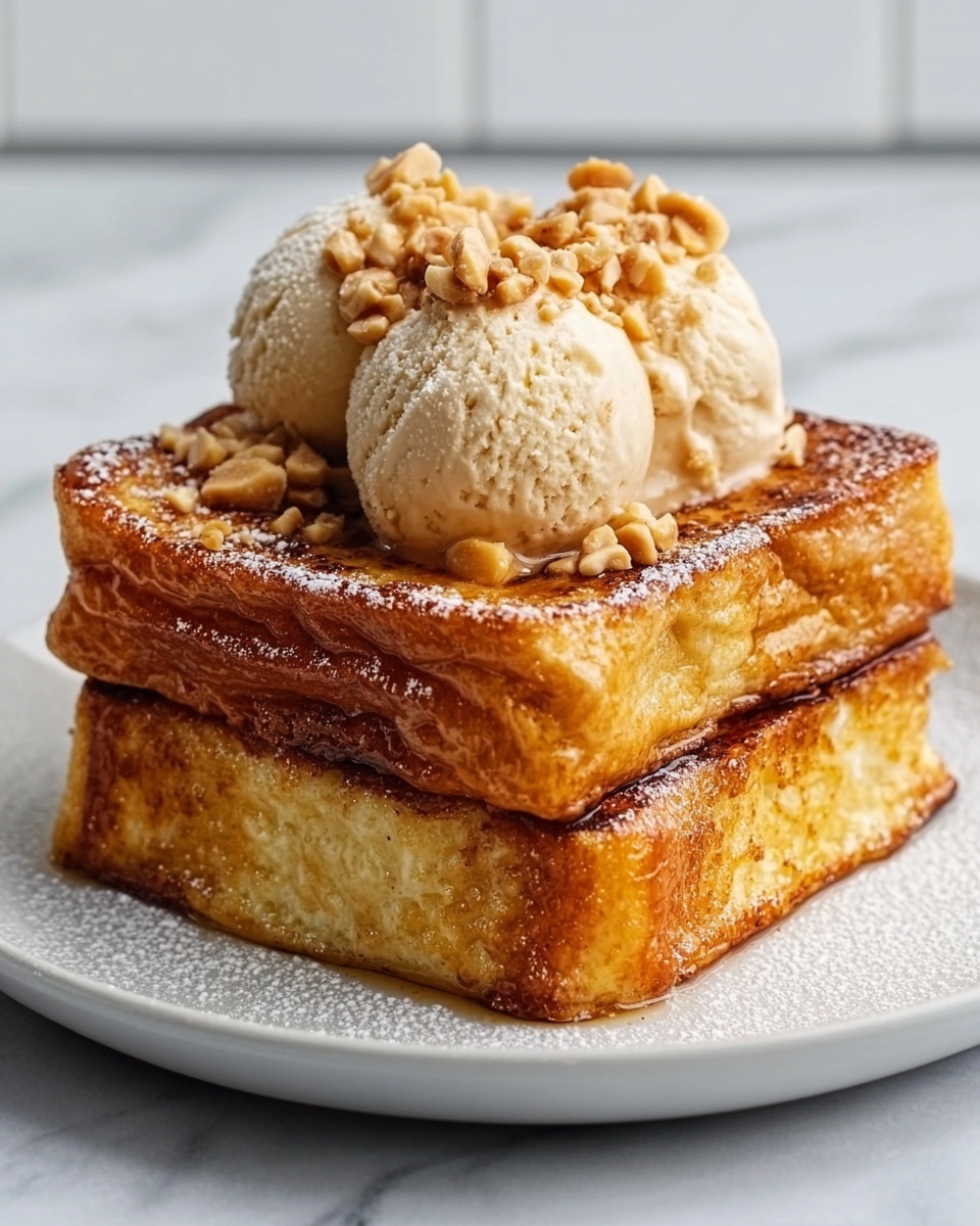 The image shows two thick, golden brown slices of French toast stacked on a simple white plate. The French toast looks soft and fluffy inside with a slightly crispy outside, and the edges have a light dusting of powdered sugar. On top of the stack, there are three small scoops of light beige ice cream that are smooth and creamy. Pieces of chopped nuts are sprinkled over the ice cream, adding texture and contrast. The background is a white marbled surface, which makes the colors of the food stand out clearly. photo taken with an iphone --ar 4:5 --v 7