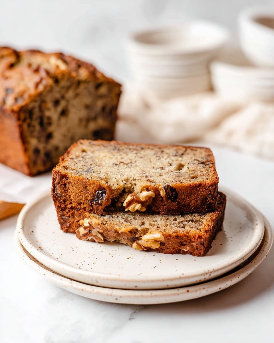 Two slices of light brown nut bread with visible dark brown walnut pieces are stacked slightly on a white round plate that has three layers, each with small brown speckles on the edge. Behind the plate, the rest of the loaf sits, showing similar textured nut bread with a slightly darker crust on top. The background is a white marbled surface with some white cloth and blurred white bowls in the back. Photo taken with an iphone --ar 4:5 --v 7