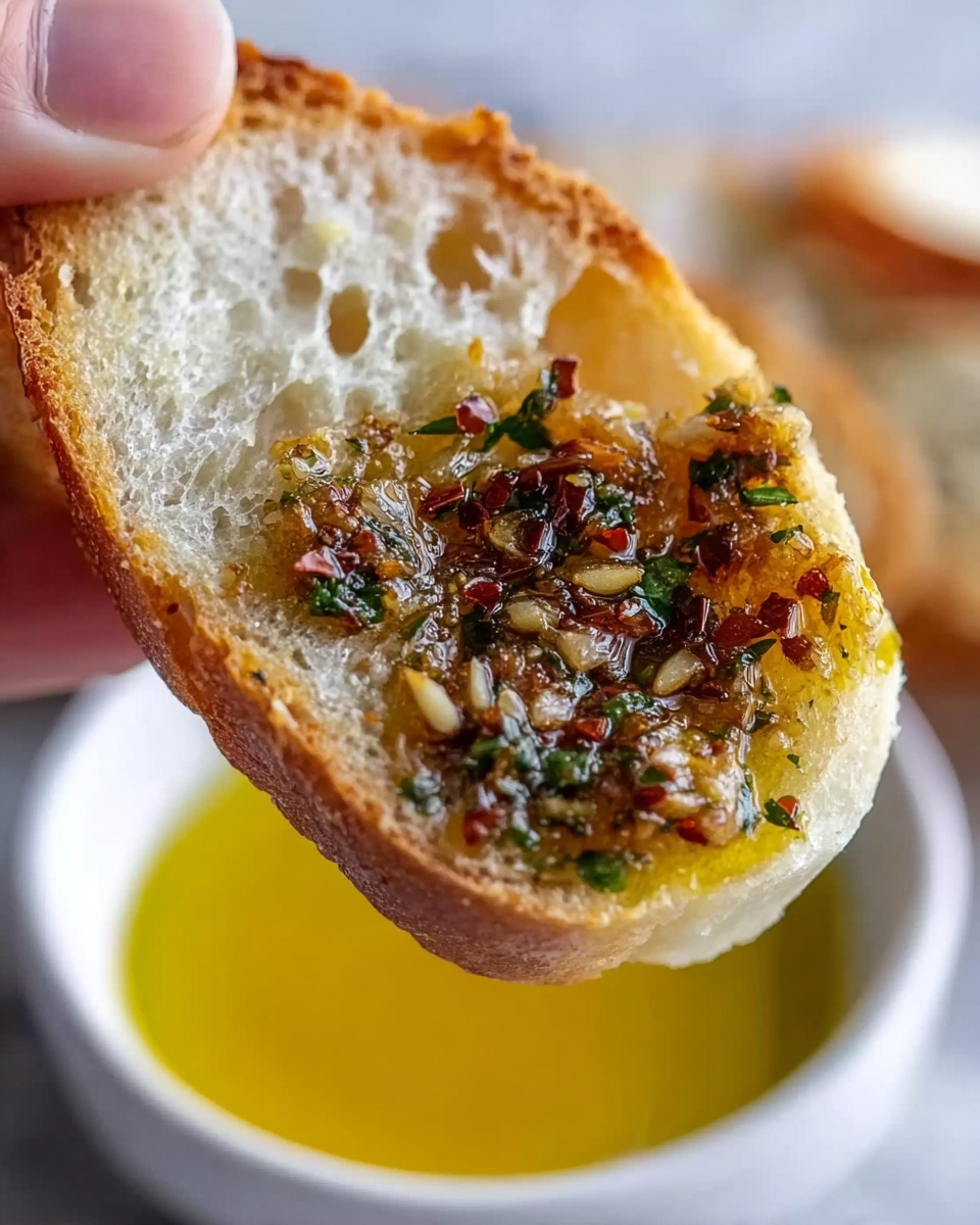 A close-up image of a toasted slice of bread held by a woman's hand, showing a light golden crust with a textured and airy white inside. On top of the bread is a spread of finely chopped garlic, herbs, and small red chili flakes, giving a mix of light brown, green, and red colors. In the blurred background, there is a white bowl with golden olive oil, adding a warm yellow tone. The surface under the bowl is a white marbled texture. photo taken with an iphone --ar 4:5 --v 7