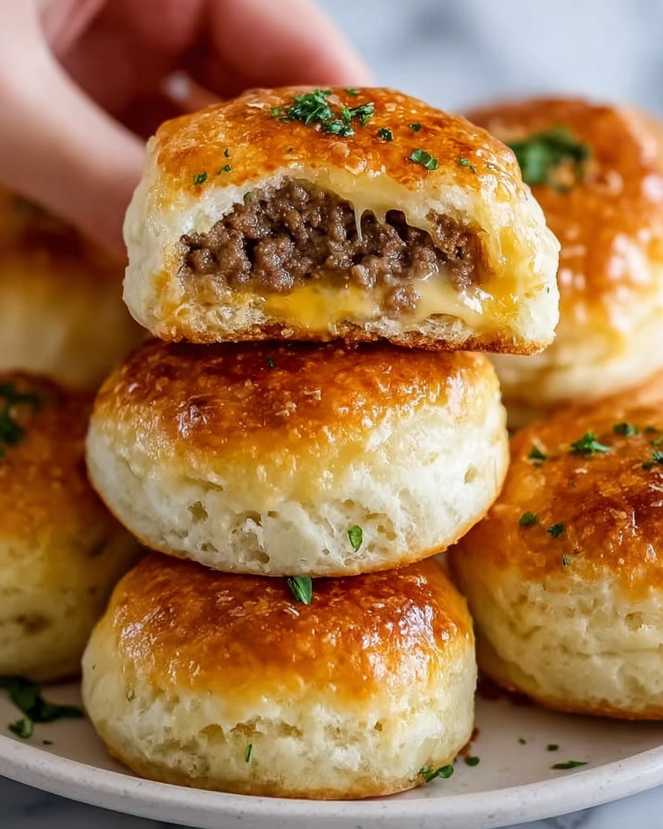 The image shows small round biscuits with a shiny golden brown top layer, sprinkled with small chopped green parsley leaves. Each biscuit has two layers: the bottom layer is thick, soft, and light beige in color with a slightly crumbly texture. The top layer is a thin, smooth, and glossy golden brown crust. One biscuit is open, showing a middle layer filled with melted bright yellow cheese and cooked ground beef that looks juicy and dark brown. The biscuits are stacked on a white plate placed on a white marbled surface, and a woman's hand is gently holding one biscuit from above. Photo taken with an iphone --ar 4:5 --v 7