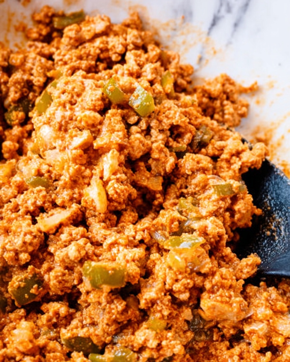 The image shows a close-up of cooked ground meat mixed with small pieces of vegetables like onions and green peppers. The meat is brown with a slightly reddish hue, and the texture looks soft and crumbly. The vegetables are soft, mixed evenly among the meat, and the whole dish looks warm and moist, filling the frame closely. There is a black spatula partially visible on the right side, stirring the mixture. The background is a white marbled texture. photo taken with an iphone --ar 4:5 --v 7