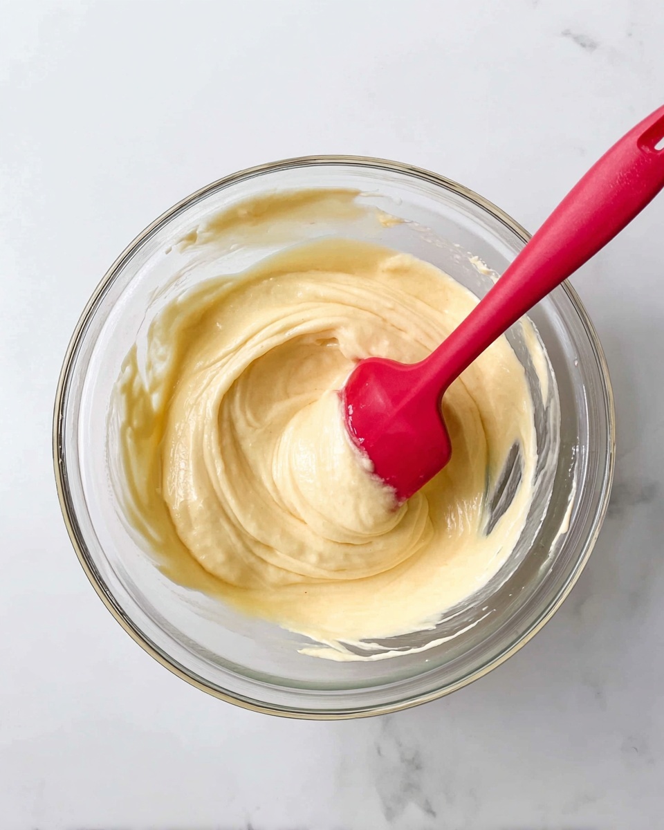 A clear glass bowl contains smooth, pale yellow batter spread evenly inside, with a bright red spatula resting diagonally across the bowl, partially covered in the batter. The texture of the batter is creamy and thick, with soft peaks and swirls visible where the spatula has moved it. The bowl sits on a white marbled surface, giving a clean and bright background. photo taken with an iphone --ar 4:5 --v 7